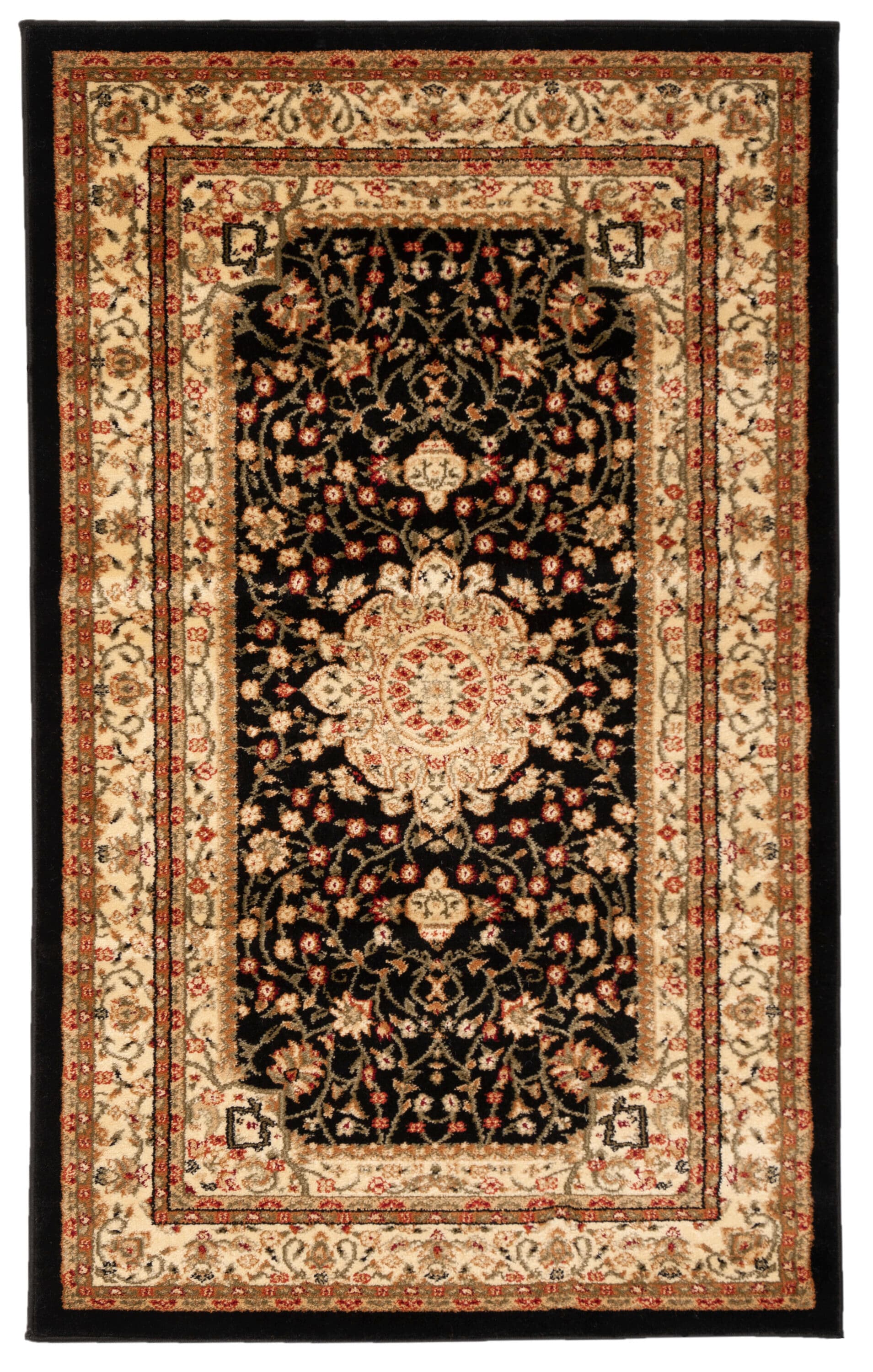 Safavid Style Black and Ivory Synthetic Area Rug