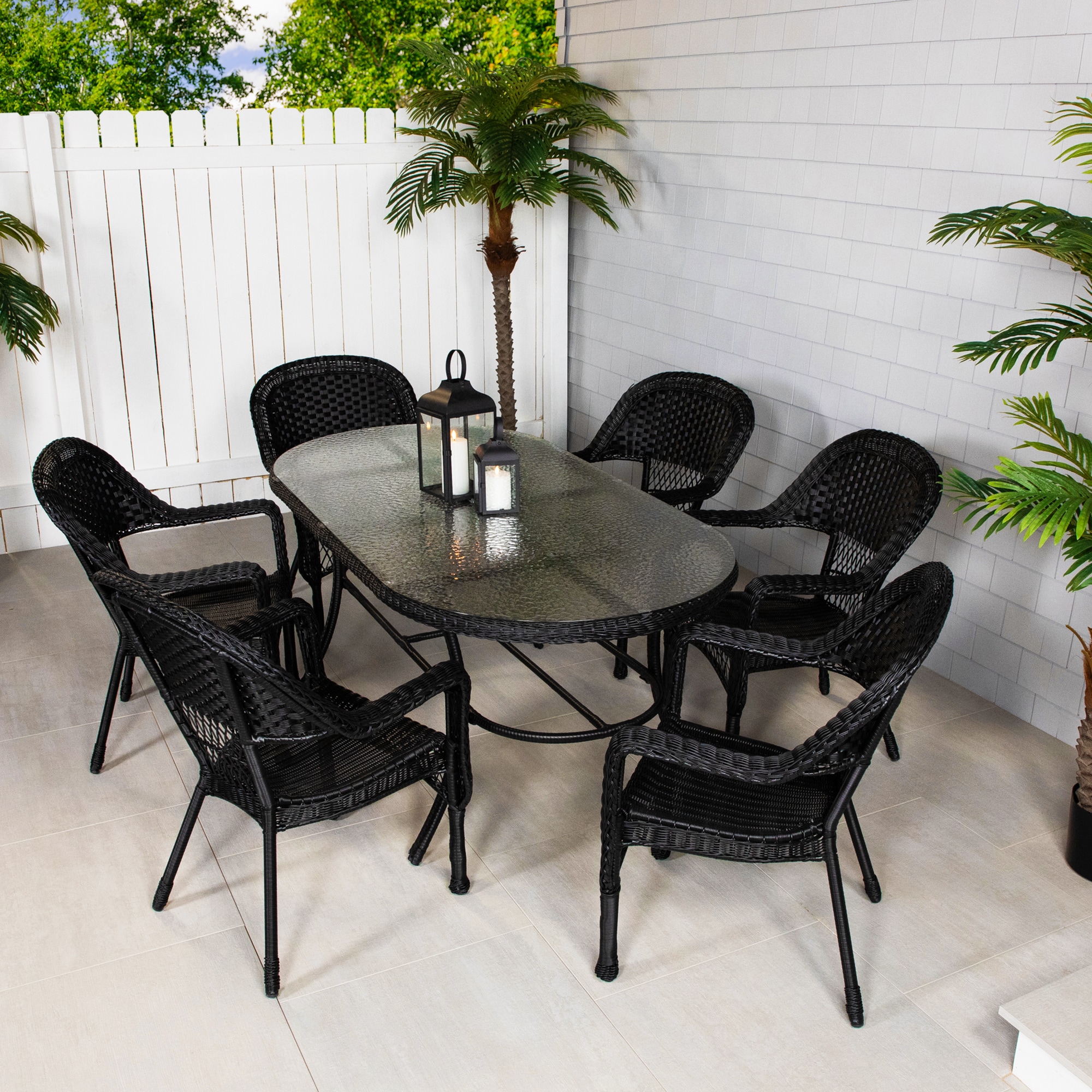 Northlight 35762856 7 -Piece Black Wicker Patio Dining Set Wicker Oval Table with 6 Stationary Chairs
