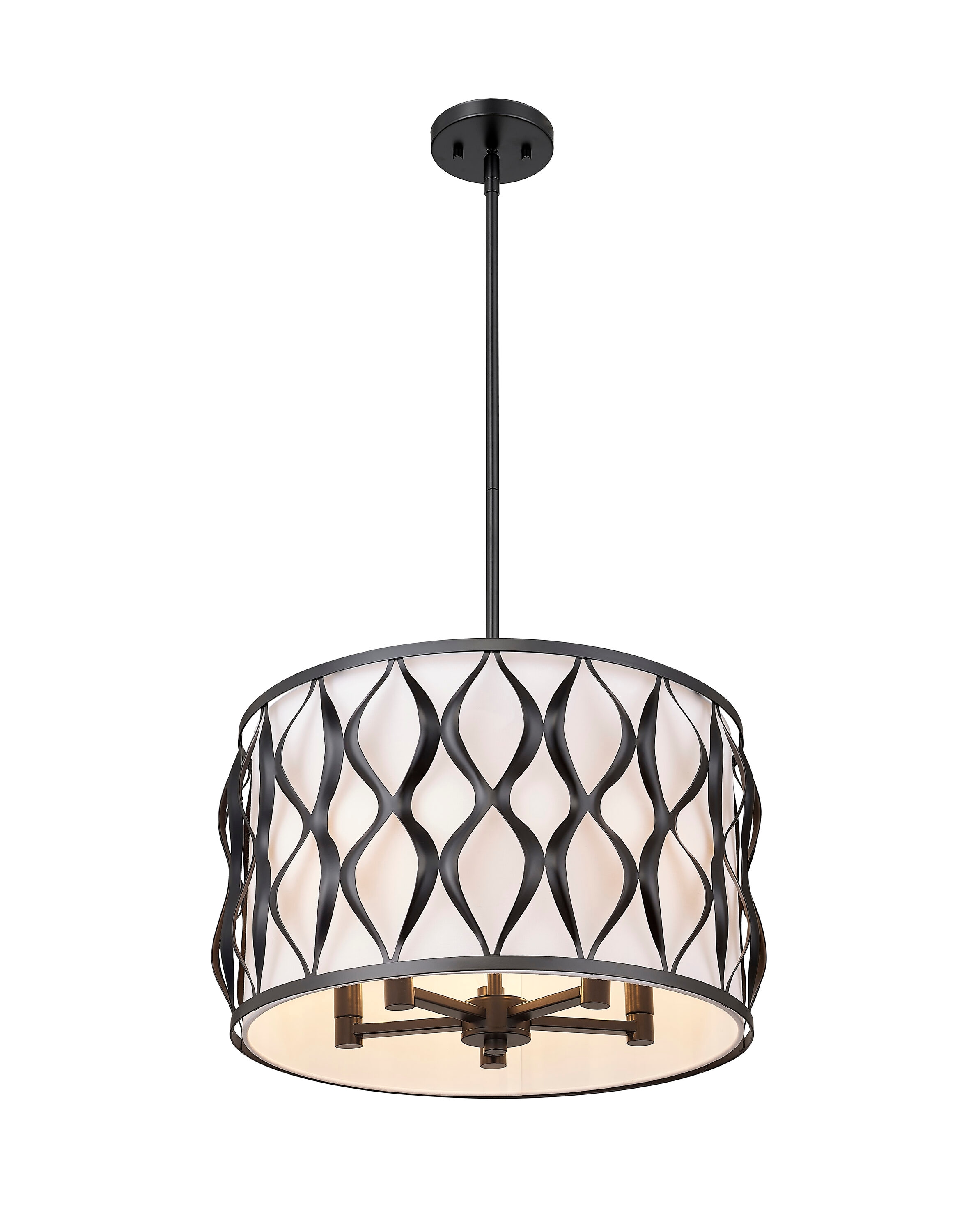 Harden Matte Black Steel Drum Pendant Light with White Fabric Shade