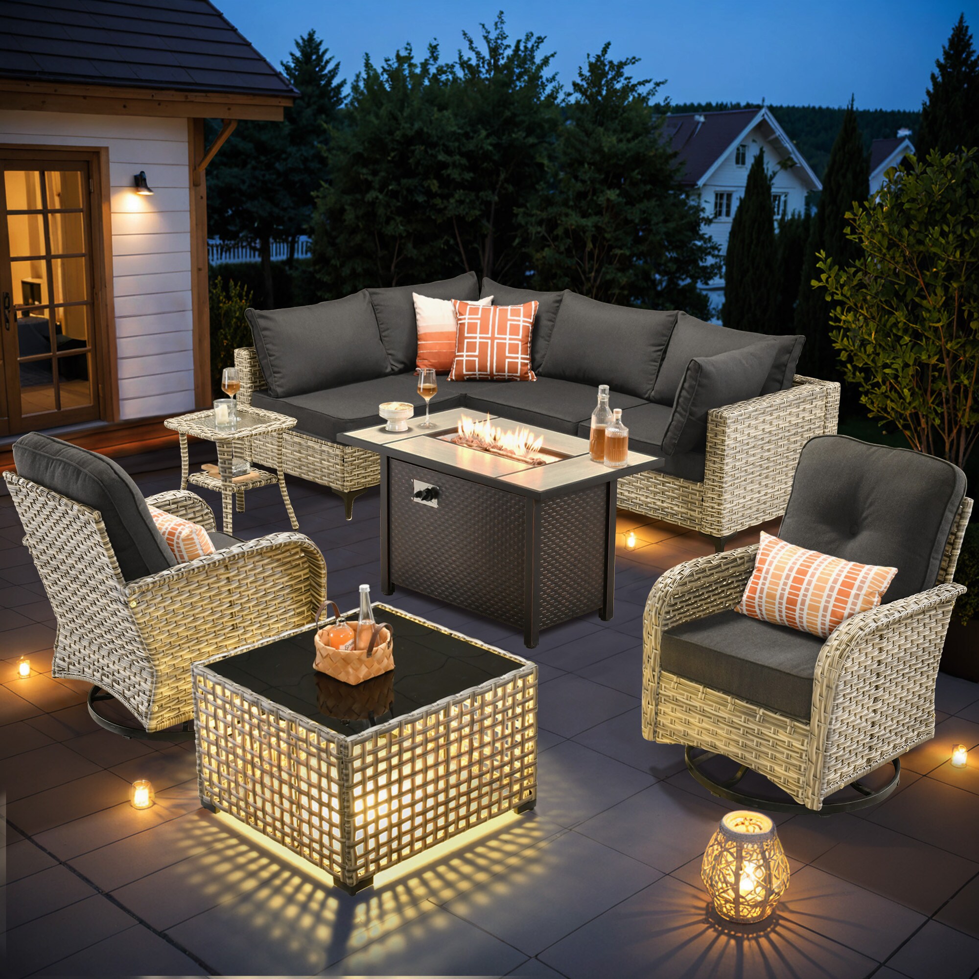 Ovios 9-Piece Wicker Patio Conversation Set with Black Cushions