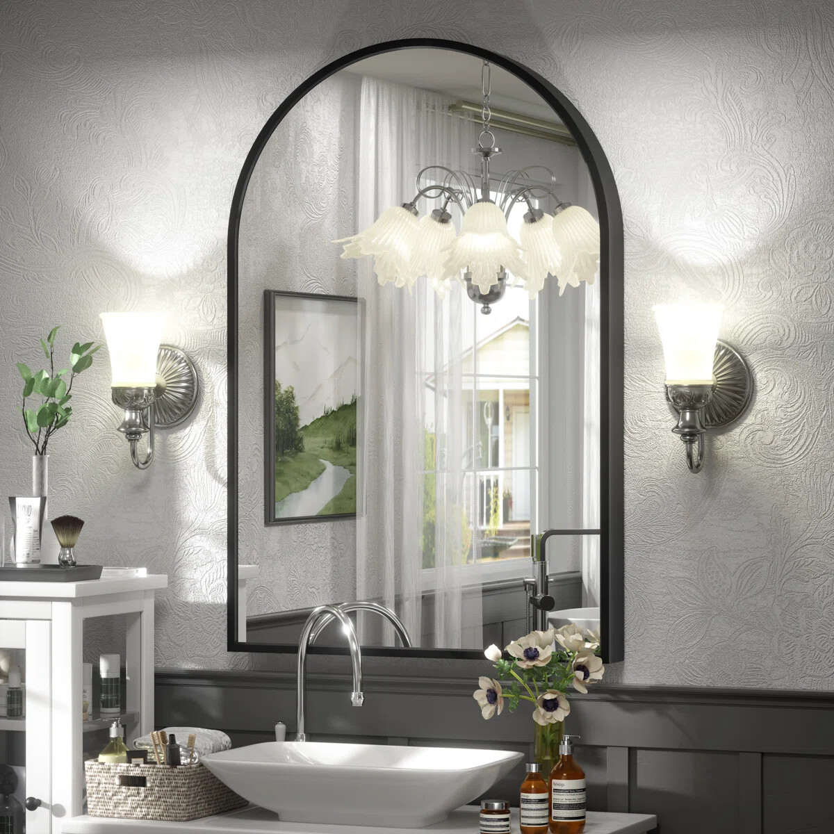 YQP 24x36 Inch Arched Aluminum Alloy Black Framed Tempered Glass Bathroom/Vanity Mirror