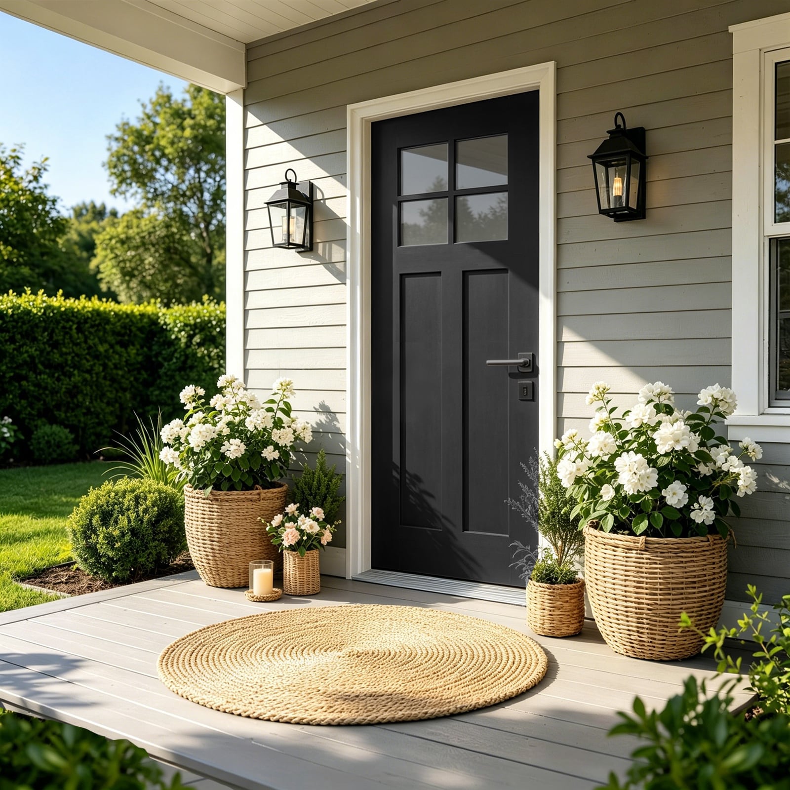 GDFStudio 36 inch x80 inch  Fiberglass Front Door with White 4-9/16 inch  PVC Frame Left-Hand Inswing Exterior Door with Brickmould Contemporary minimalist smooth skin with clear glass for Home Entrance  Black