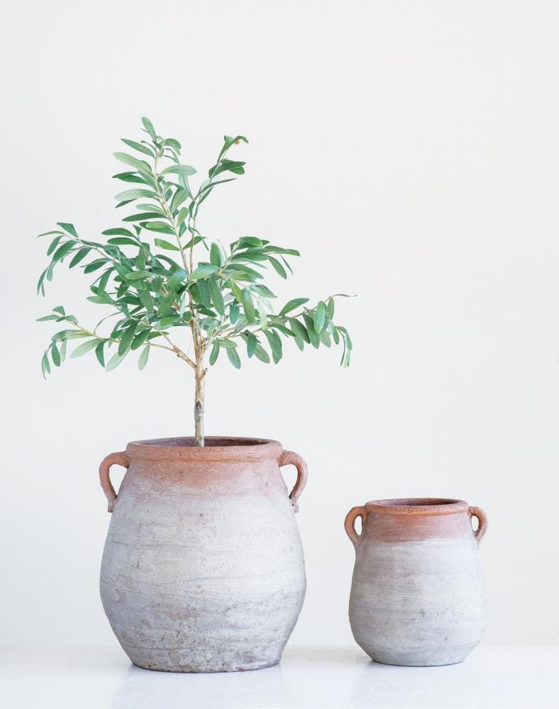 14" Orange and Whitewashed Terracotta Urn with Handles