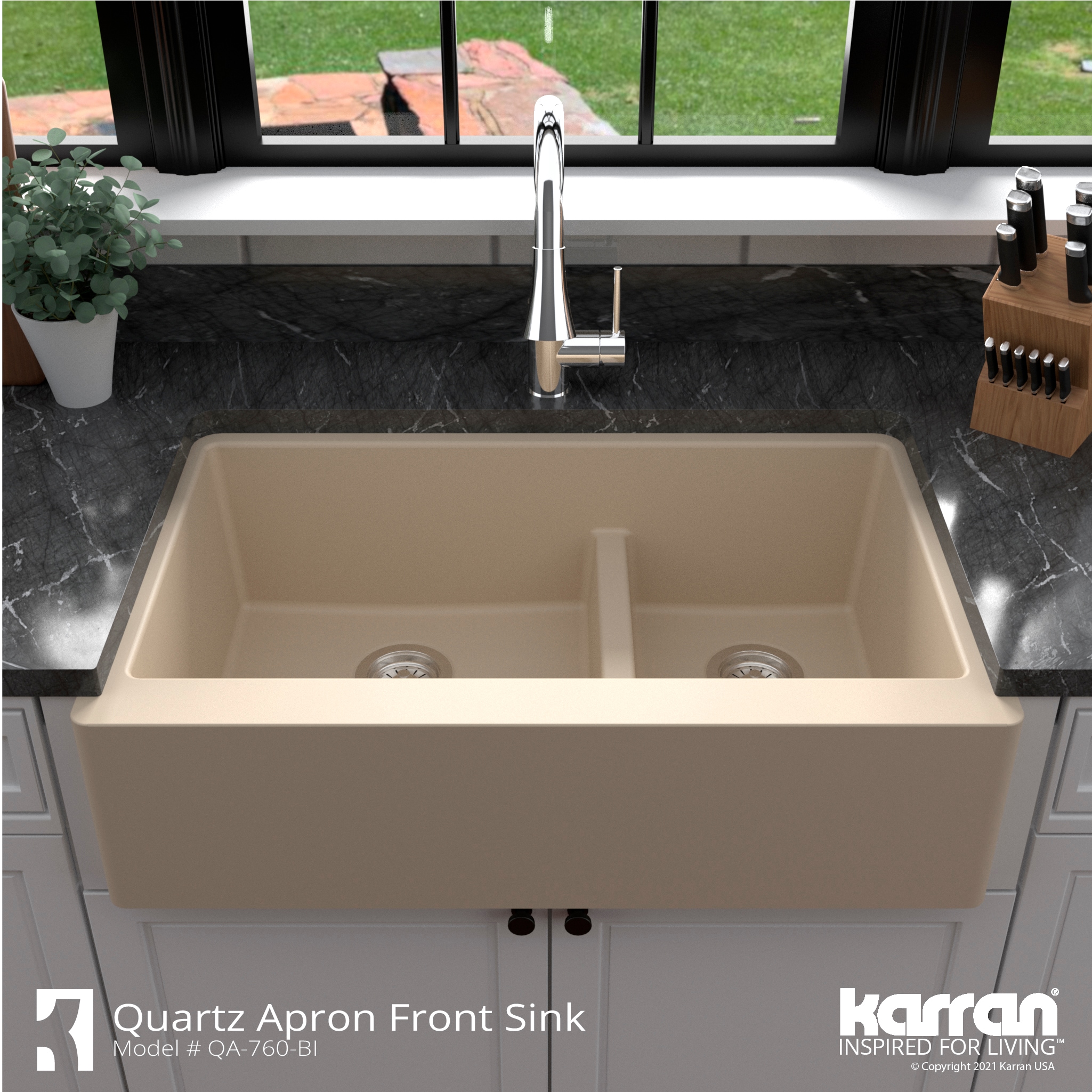 Karran Farmhouse Apron Front 34 In X 2125 In Bisque Quartz Double Offset Bowl Kitchen Sink Qa 5729