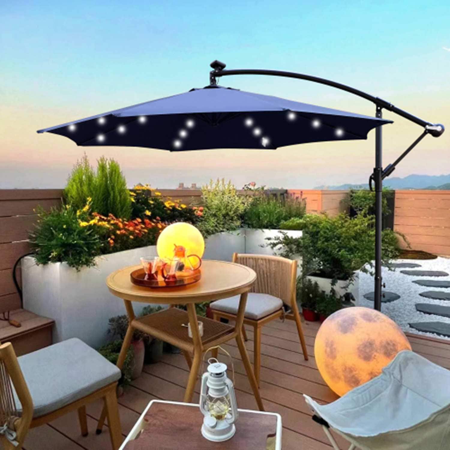 Runesay QCPATIO-01 10-Feet Steel Blue Market Patio Umbrella with Lights and with Base