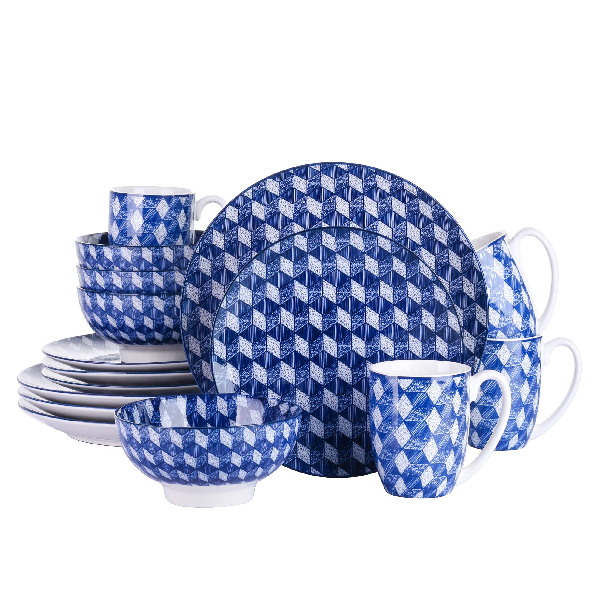 CASAINC VC-AICHI-SL 16-piece Blue Pattern Porcelain Coffee Mugs Dinnerware Set Plates and Bowls Set (service For 4)