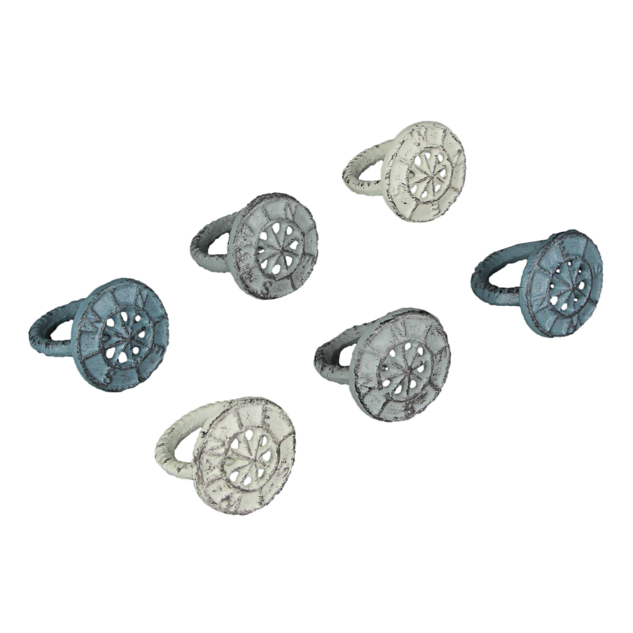 Zeckos ZKO-99263 Set of 6 Coastal Blue- Grey- and White Cast Iron Compass Rose Napkin Rings for Decorative Formal Dining - 2 Inches in Diameter - Nautical Table Elegance