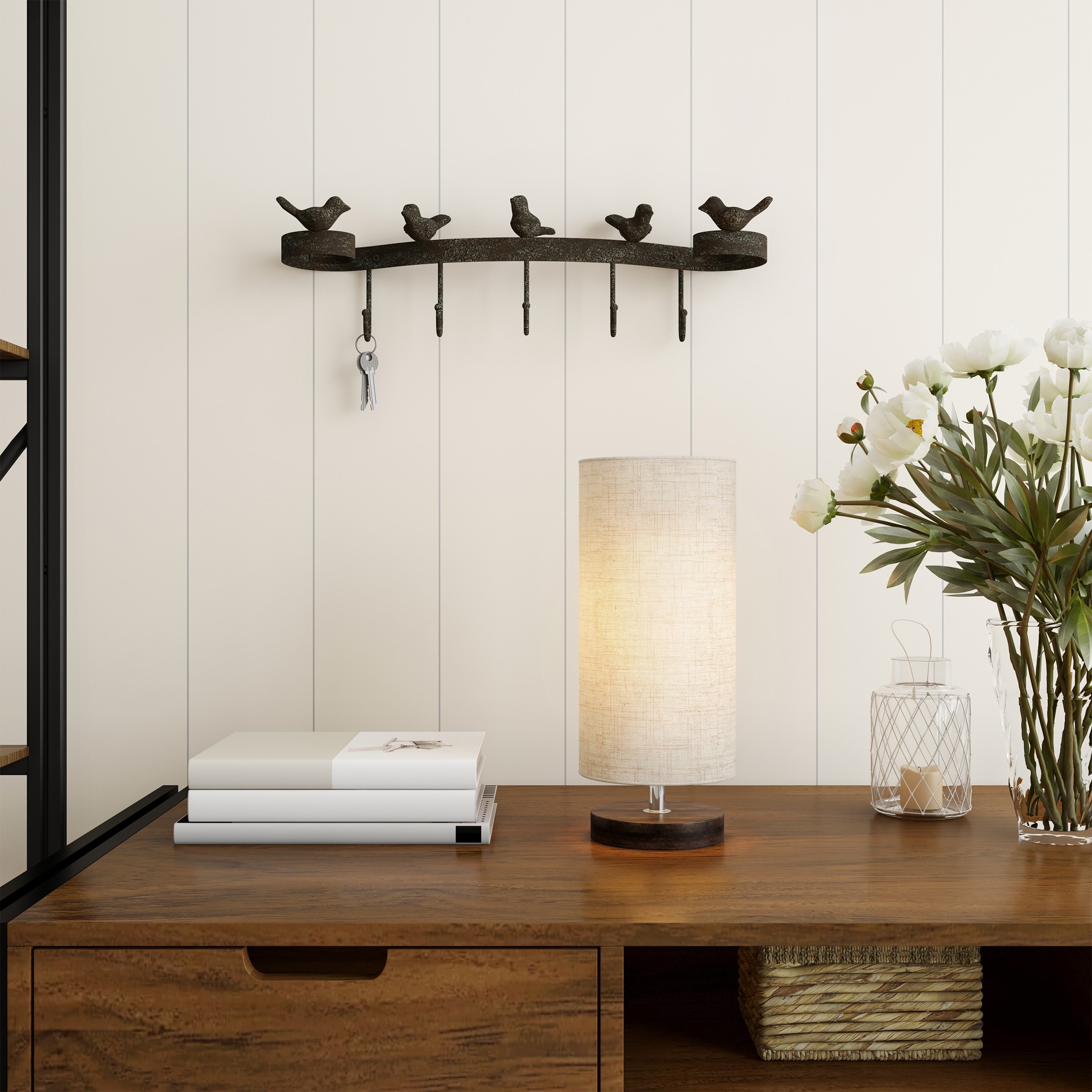Adjustable White Cylinder Lamp with Wood Base and LED Bulb