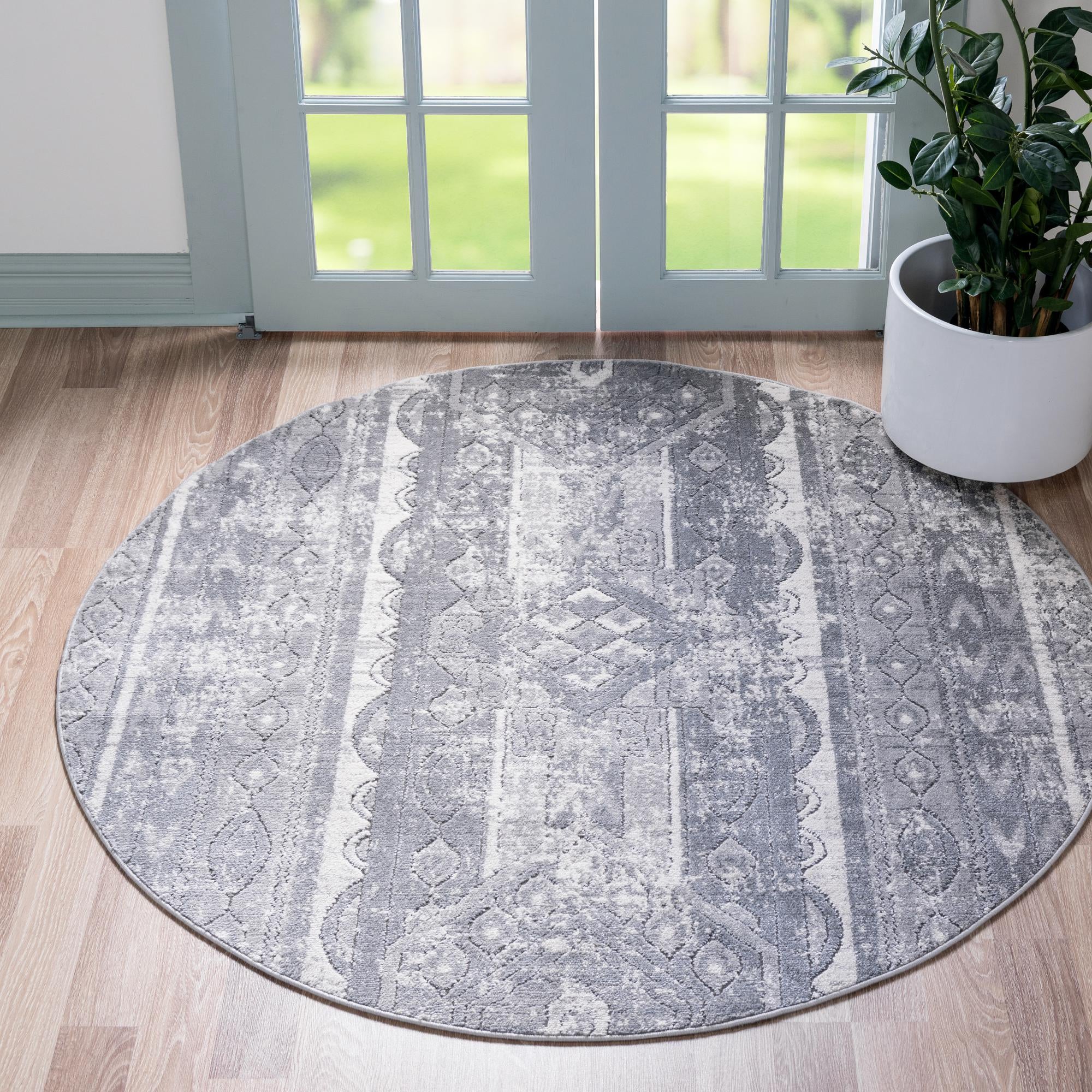 Unique Loom 3147192 Portland 7 x 7 (ft) Loomed Polypropylene Gray Round Indoor Stripe Area rug