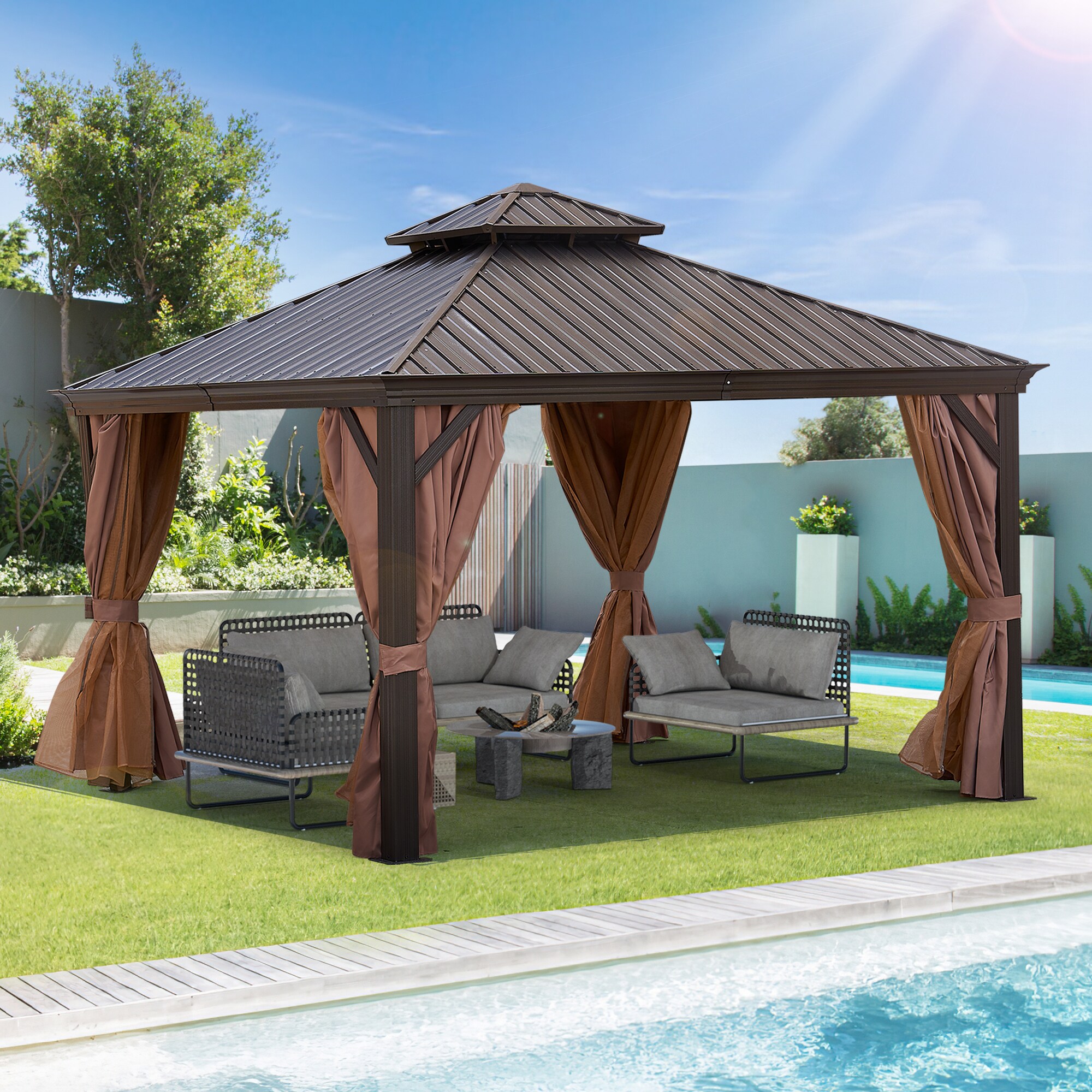 Mondawe 12-ft x 12-ft Square Bronze Metal Aluminum Roof Gazebo with ...