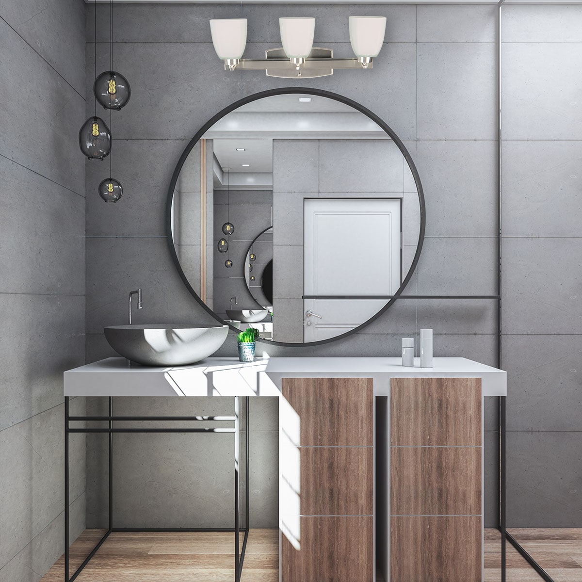 Satin Nickel 3-Light Vanity with Frosted Glass Shades
