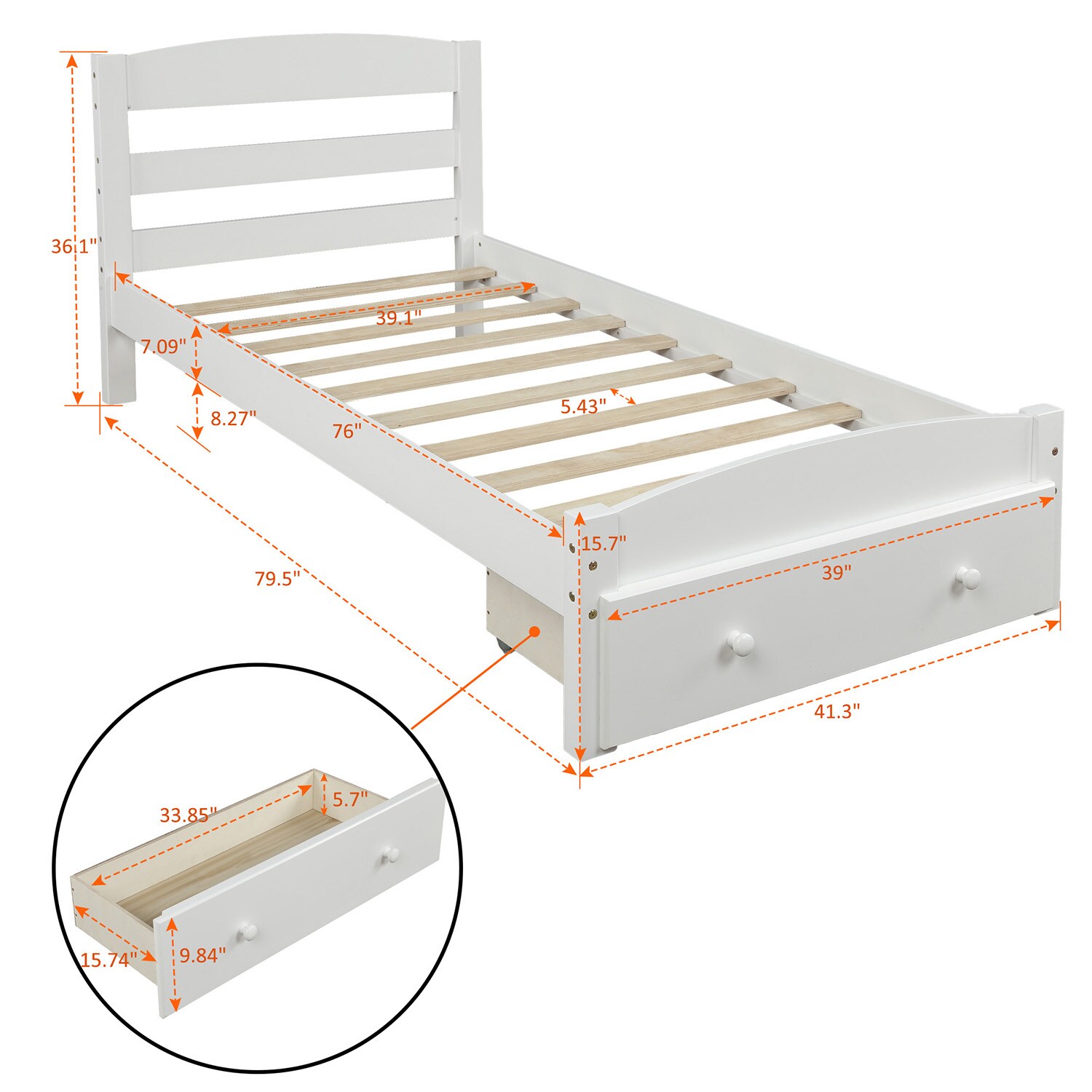 GZMR Platform Twin Bed Frame with Storage Drawer White Twin Wood Bed ...