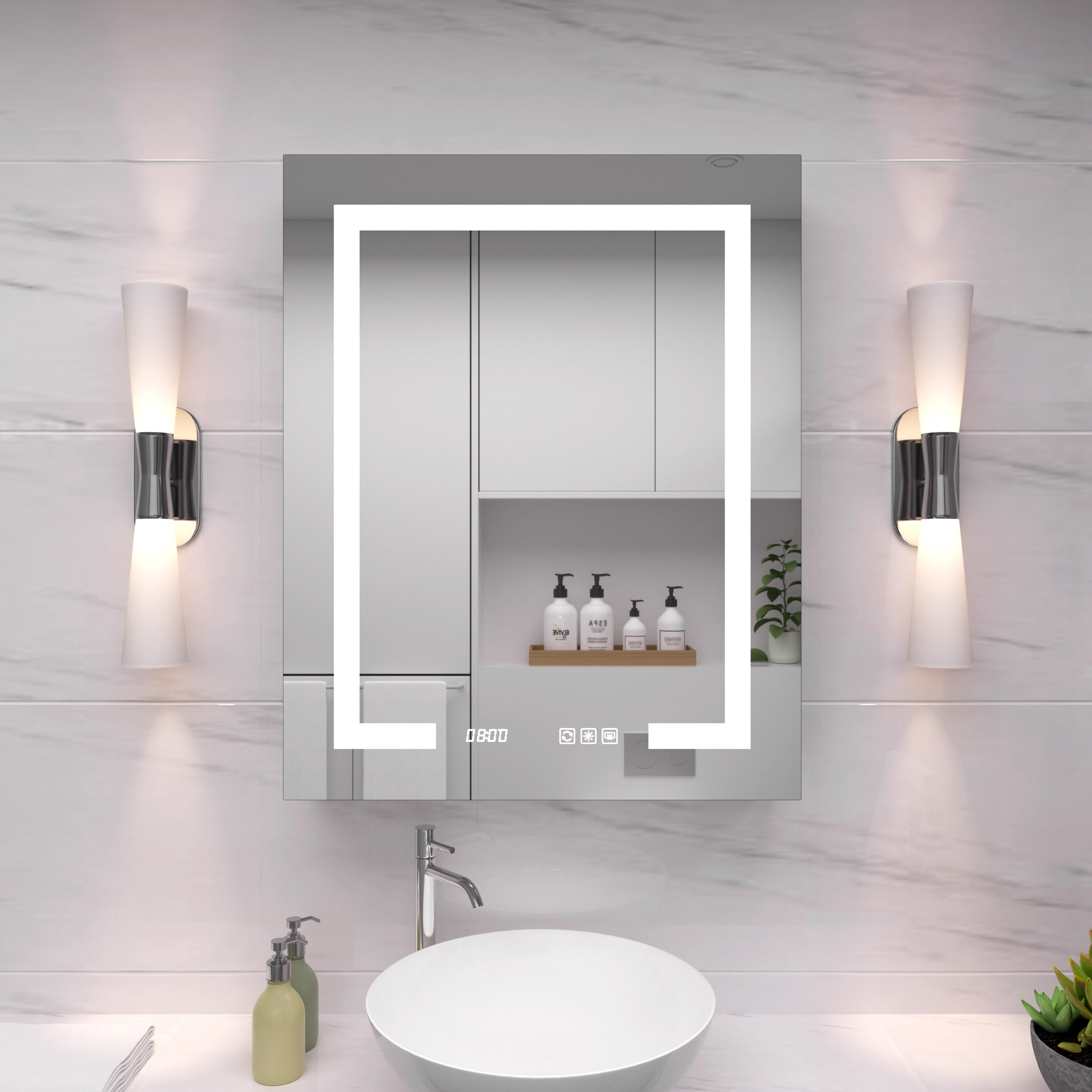 Royal Guard LMC2430-3R Clean 24-in x 30-in Lighted LED Fog Free Surface/Recessed Mount Silver Mirrored Rectangle Soft Close Medicine Cabinet with Outlet