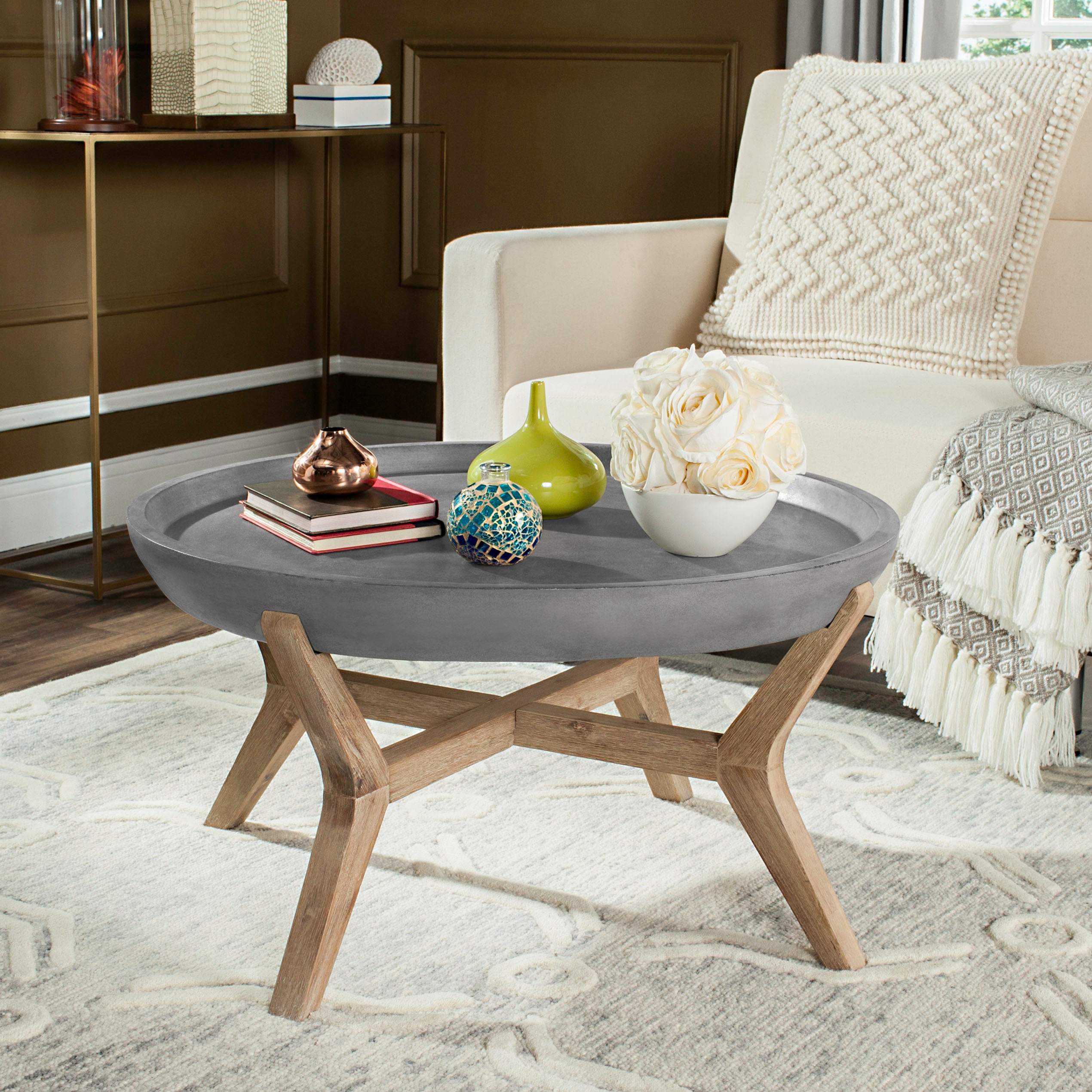 Transitional Round 33'' Dark Grey and Brown Concrete Coffee Table
