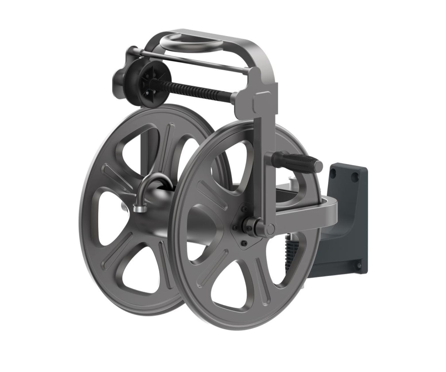 Sunneday The wall mounted hose reel will hold up to 125 ft. of hose, that  will be stored conveniently. Features a hose guide and sturdy crank.  Heavy-gauge material, that will withstand regular