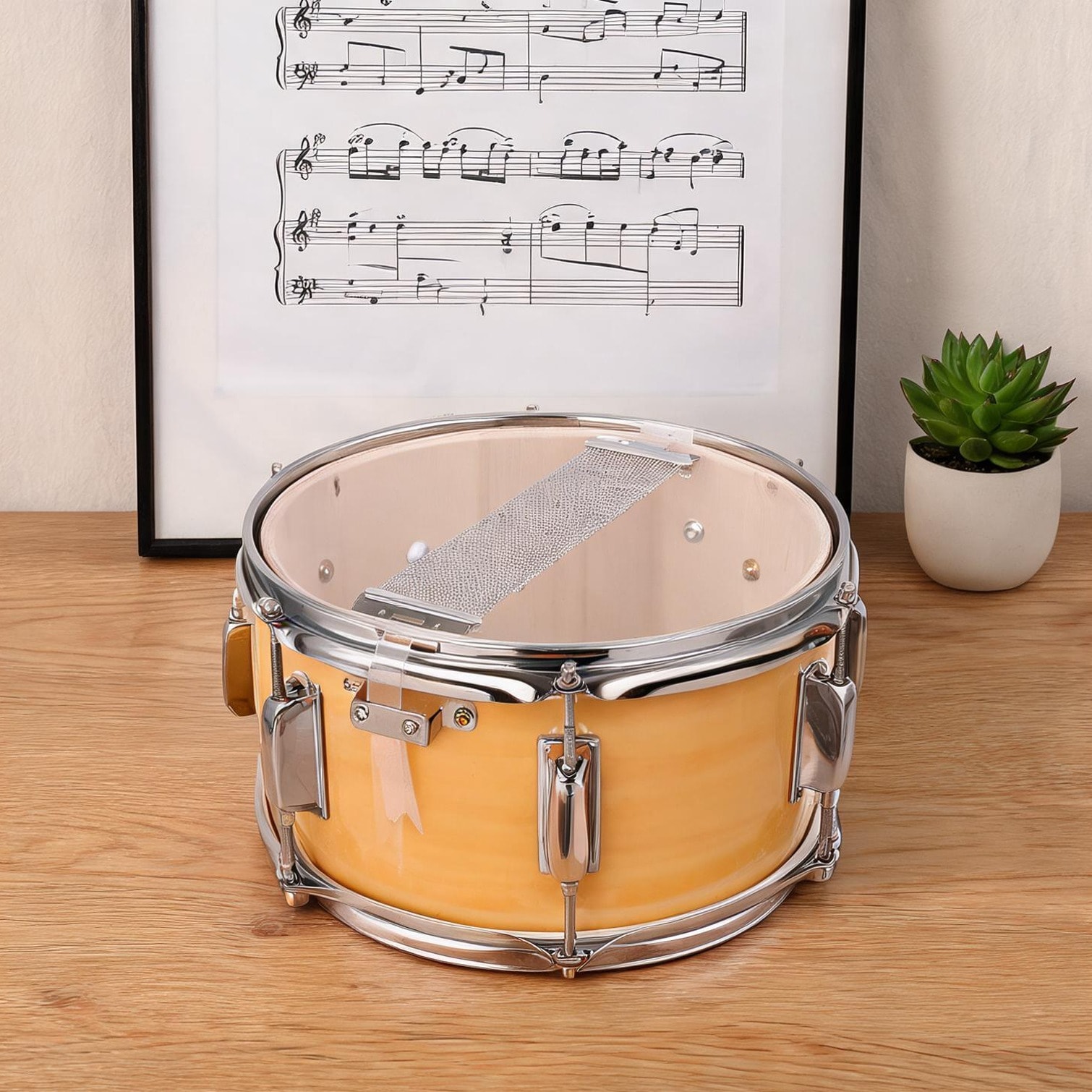 Tammesy 10 x6 Poplar Wood Snare Drum with 6 Lugs 10 Snare Wires Includes Stand Strap and Drumsticks for Adult Percussionists Natural Wood Finish