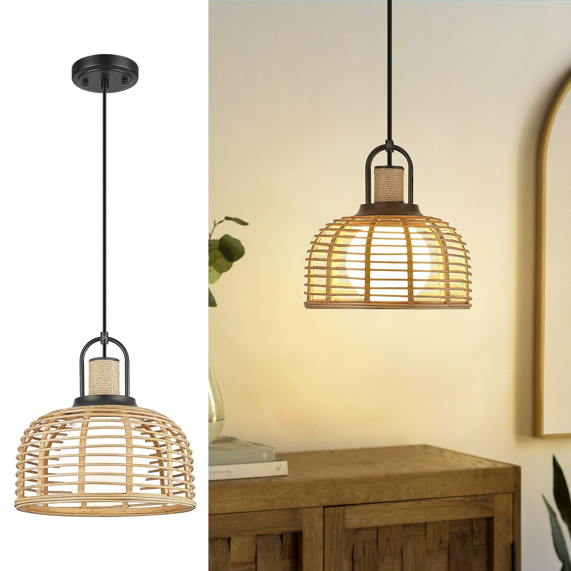 LTMATE LSZG85MIL BK JAZAVA Black and Rattan Bohemian/global Dome Medium Hanging Pendant light