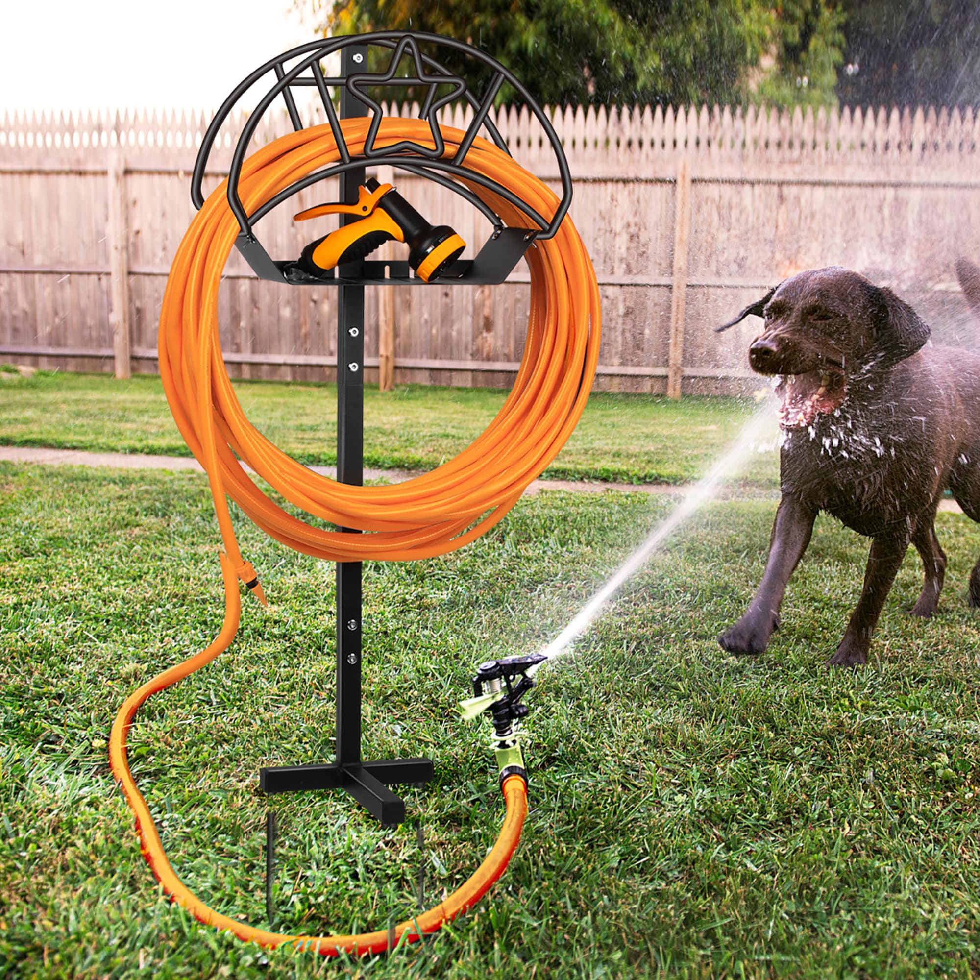 Walensee Steel Freestanding Garden Hose Reel Stand, Holds Up to 125 ft of 5/8-in Hose, Weather-Resistant, Easy Assembly in Black | GHC-001-LS
