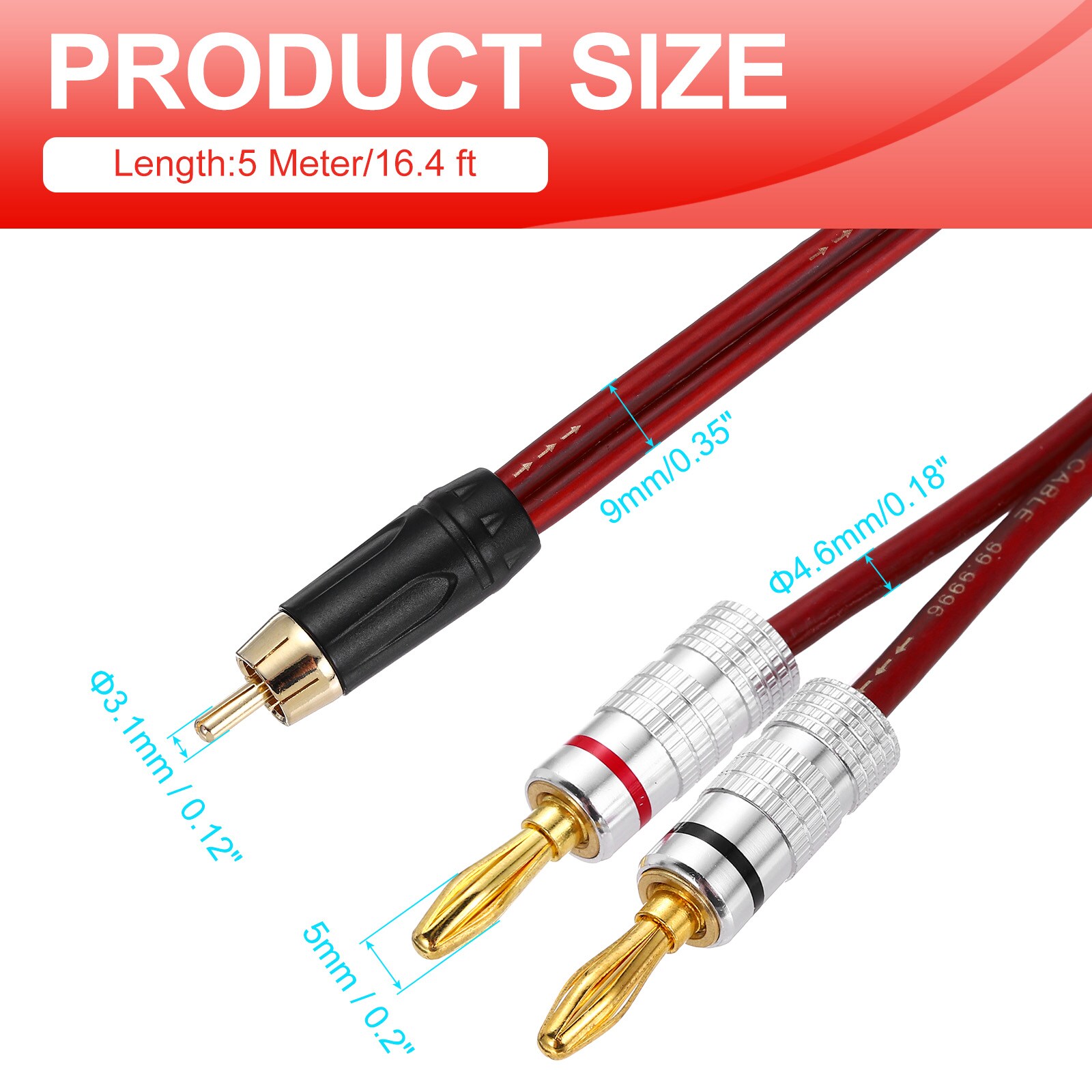 Unique Bargains 2pcs 1 RCA to 2 4mm Banana Plug Speaker Cable 14AWG ...