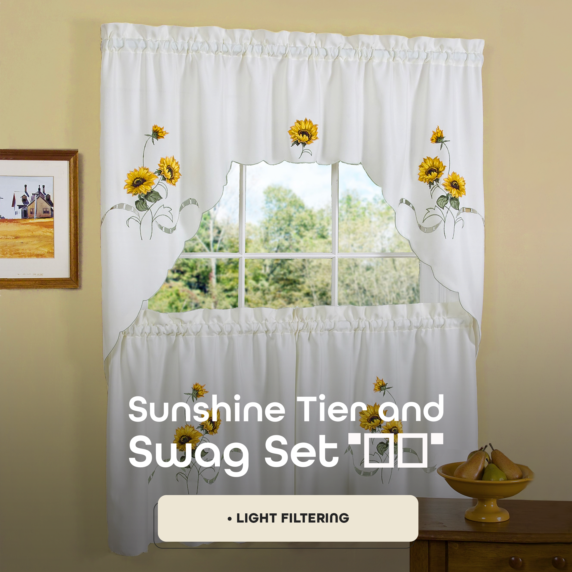 White and Yellow Sunflower Embellished Tier Curtain Set