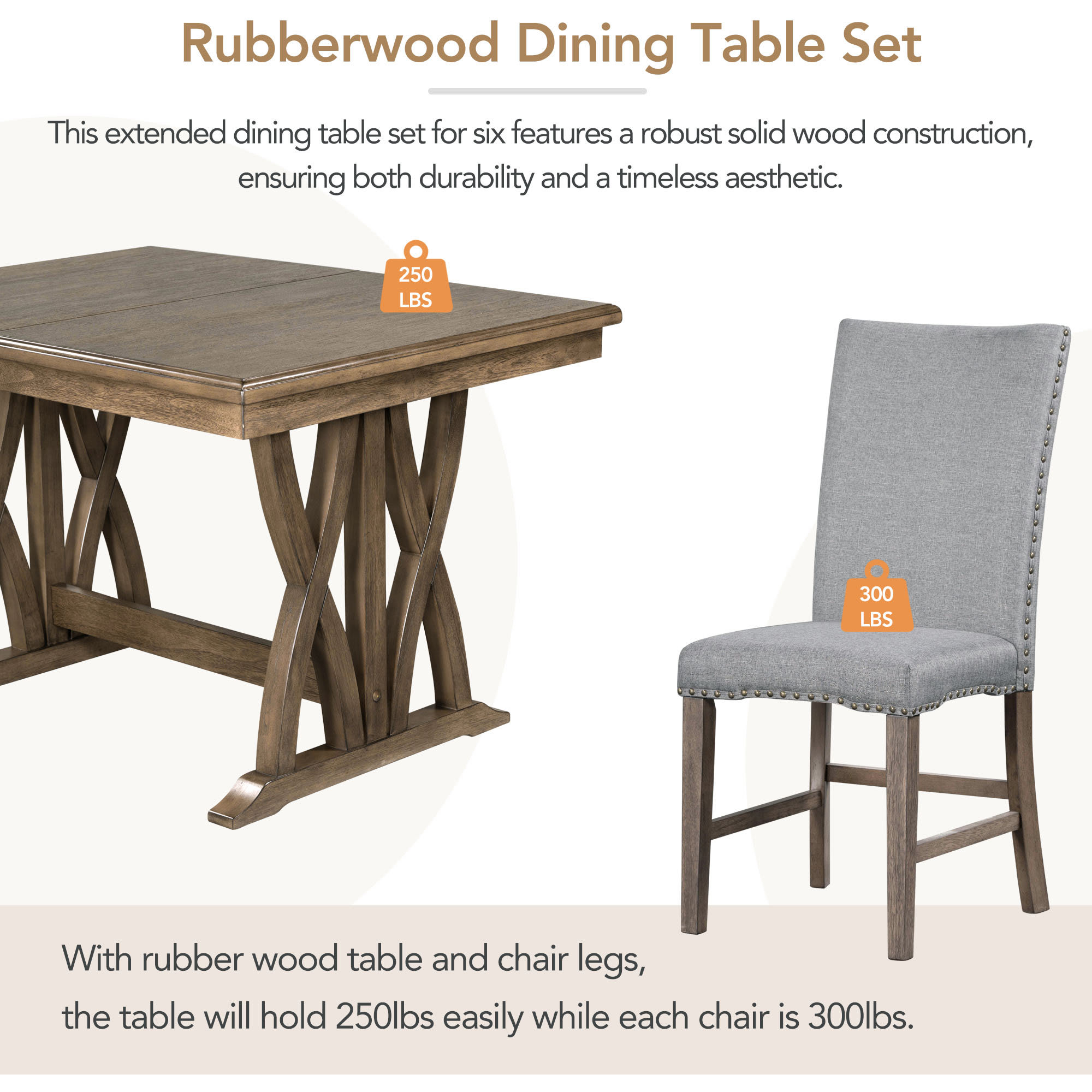 Aoibox Mid Century Solid Wood 7 Piece Dining Table Set Extendable 48 to ...