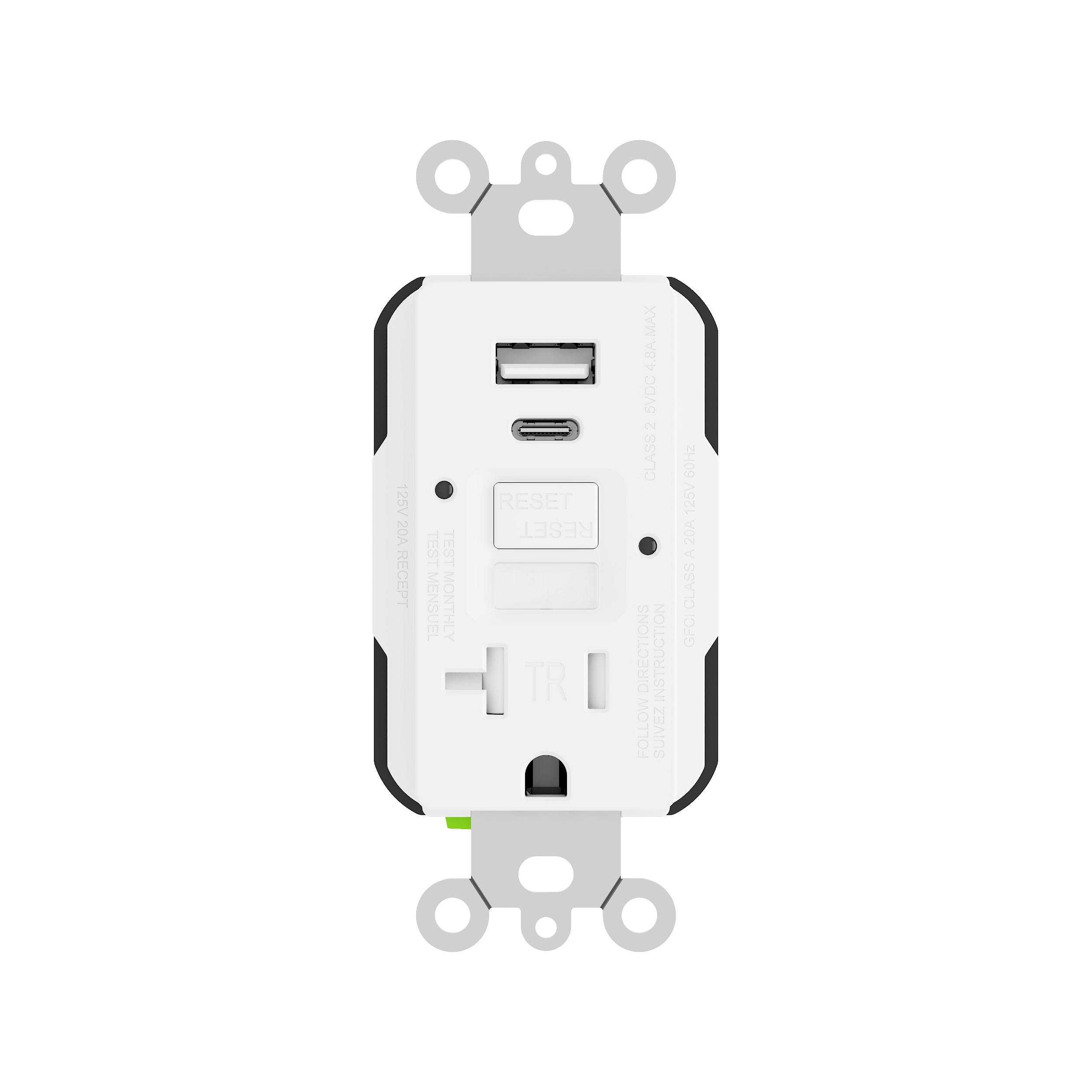 Utilitech LGR2320ACL1-WH 20 A GFCI TR W/NL USBAC, WH, 1 PC 20 -Amp 125-volt Tamper Resistant Recessed AFCI GFCI Residential Decorator Outlet with night light Type A/C , White