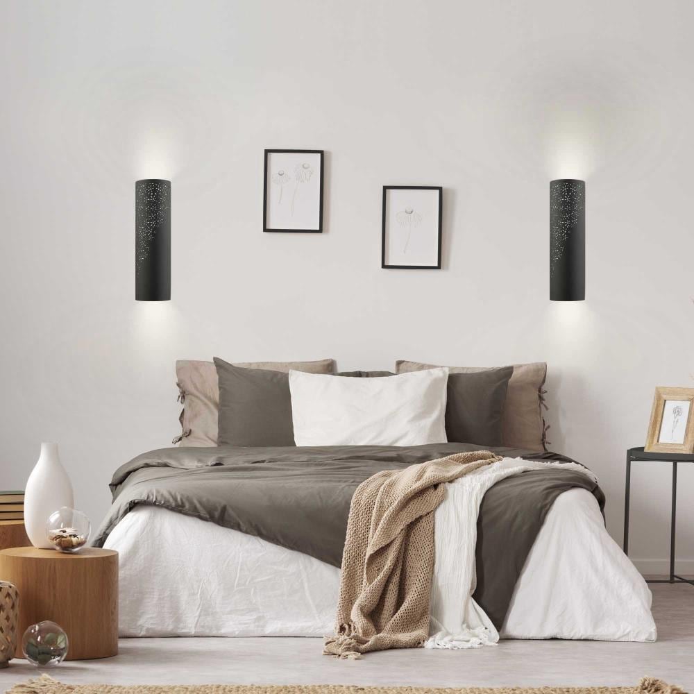 Noria Organic Laser Cut Black Steel 2-Light Wall Sconce with Off-White Linen Shade