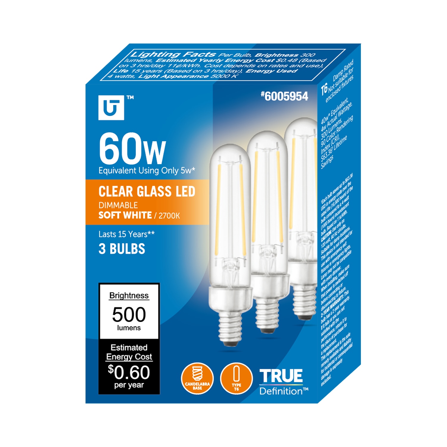 Utilitech 16C18-T6C-C-5W-27 Clear Glass 60 -Watt EQ T6 Soft white Candelabra base (E-12) Dimmable LED General purpose Light Bulb 3 -Pack