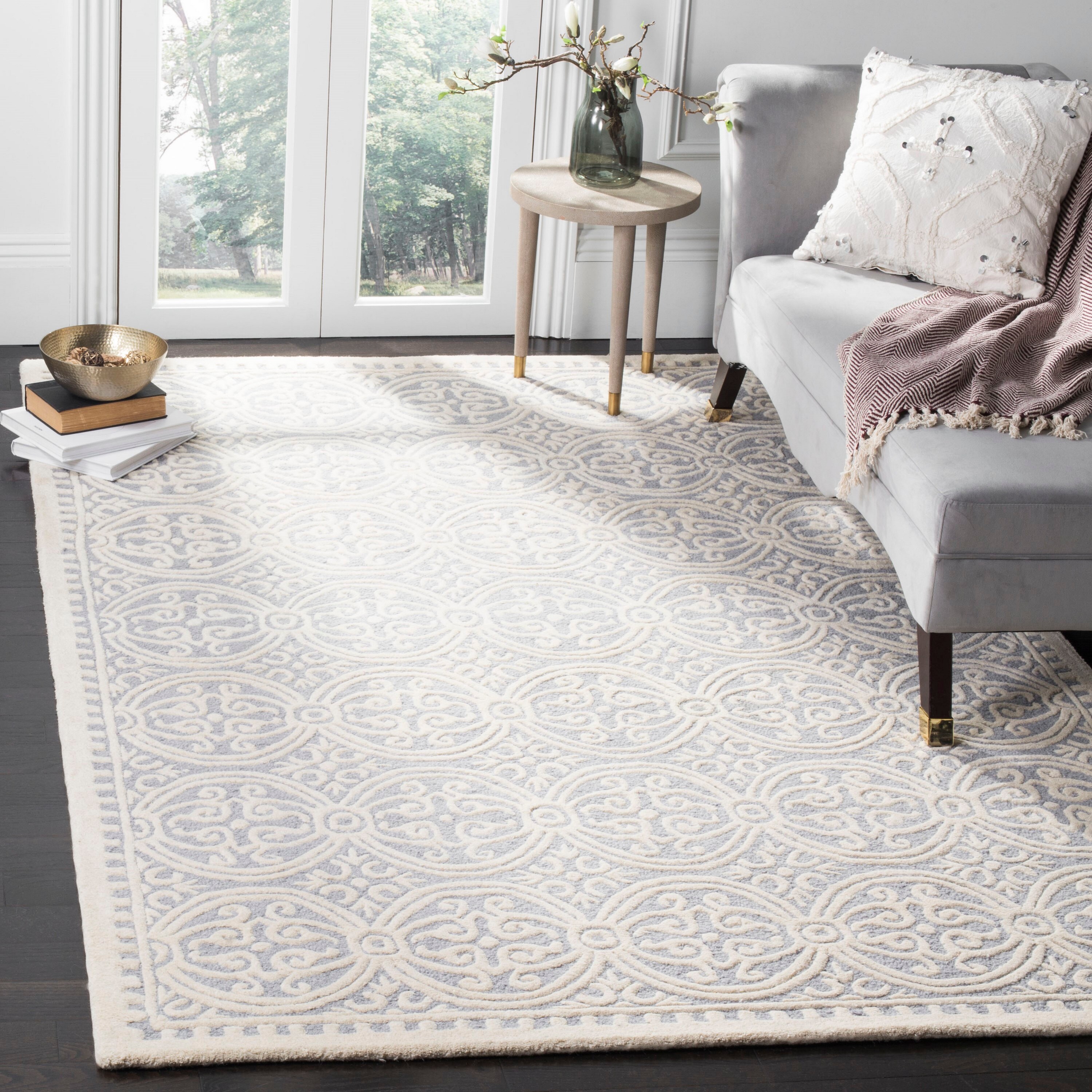Safavieh CAM123D-8 Cambridge Damask 8 x 10 (ft) Tufted Wool Silver/Ivory Rectangular Indoor Abstract Area rug