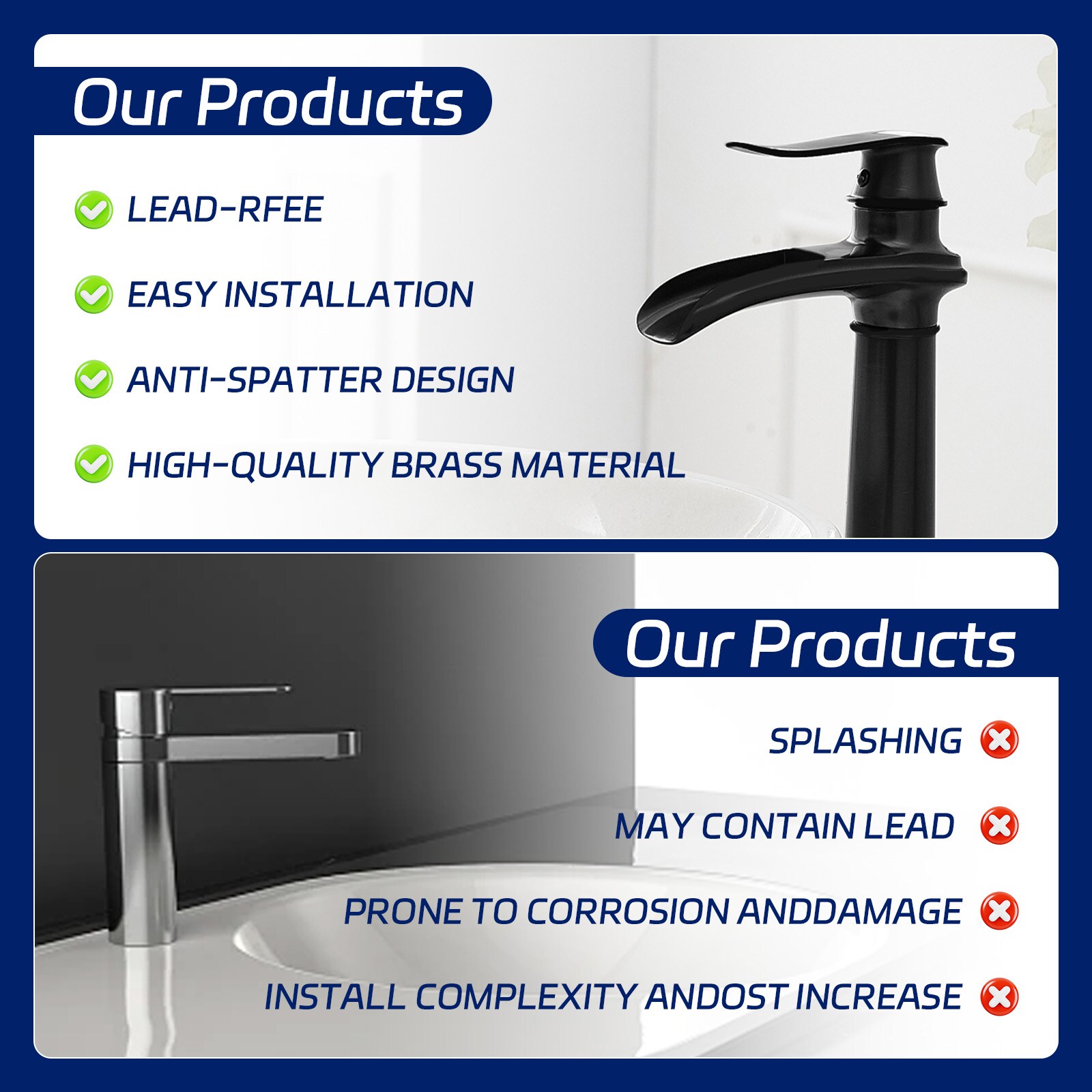 Matte Black Brass Waterfall Vessel Sink Faucet with Pop-Up Drain