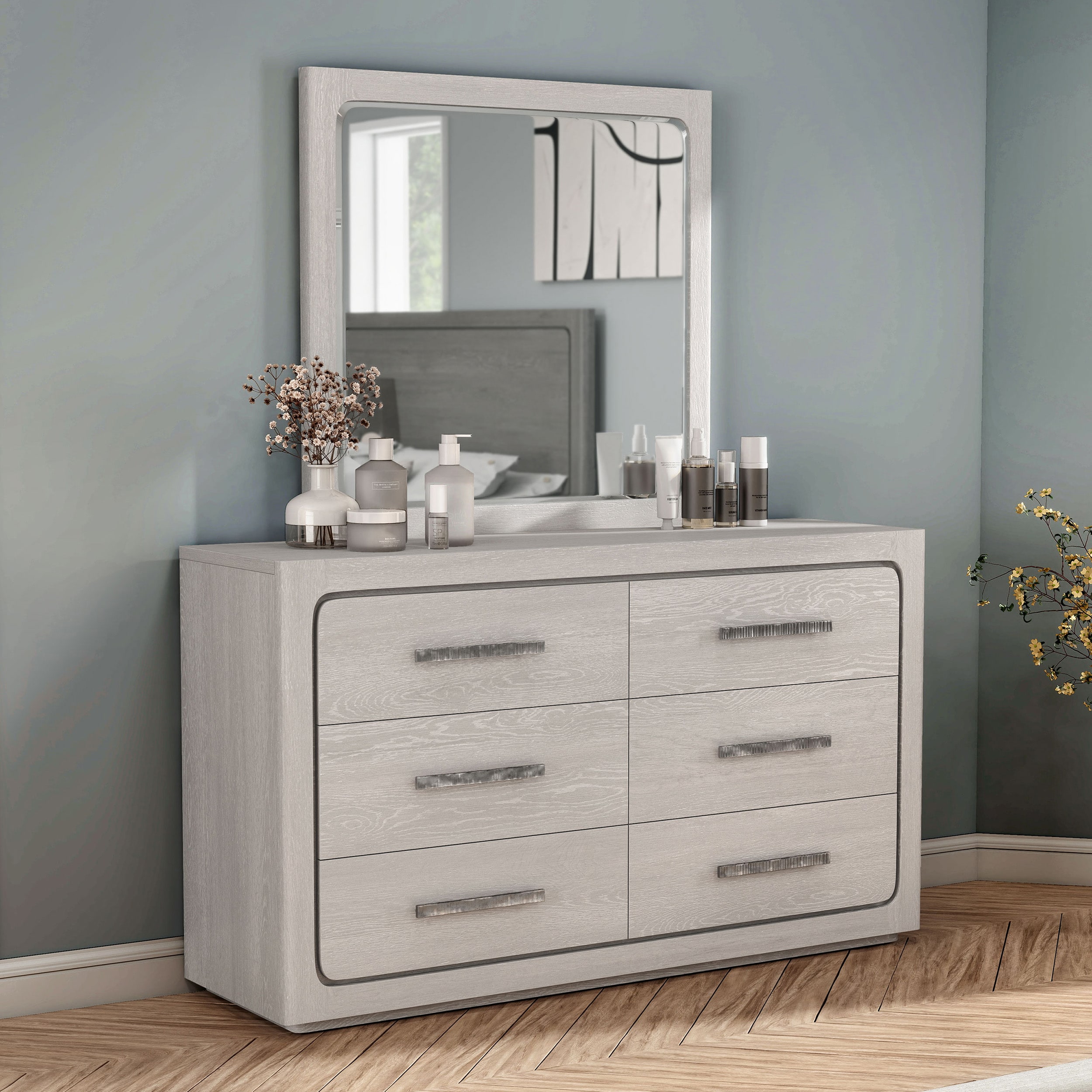 Furniture of America IDF-70100AK-DM Rally White Oak Rubberwood 6 -Drawer Standard dresser with Mirror