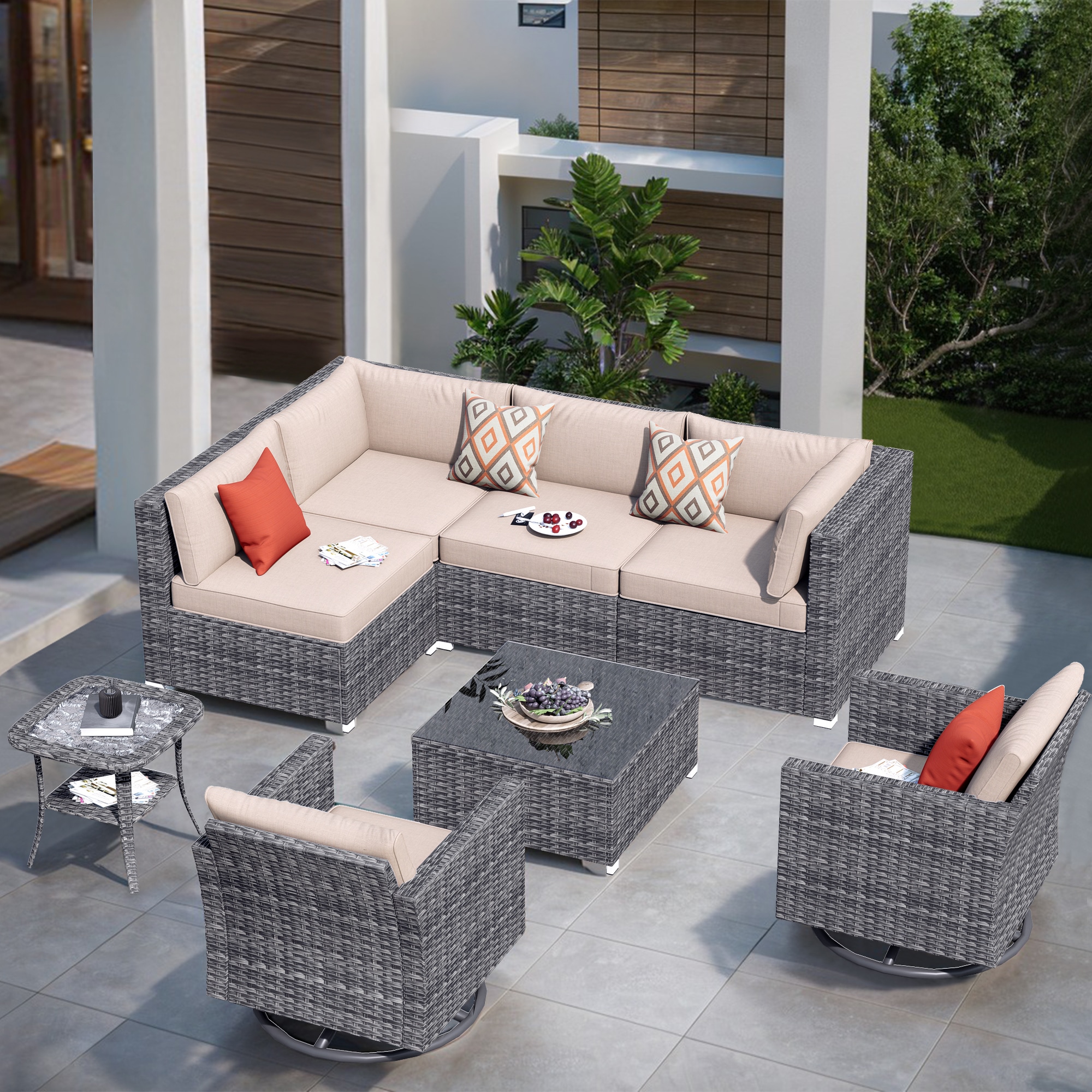 Pouuin SYZHOP6-BOX1N2 Wicker Outdoor Sectional with Off-white Cushions and Wicker Frame