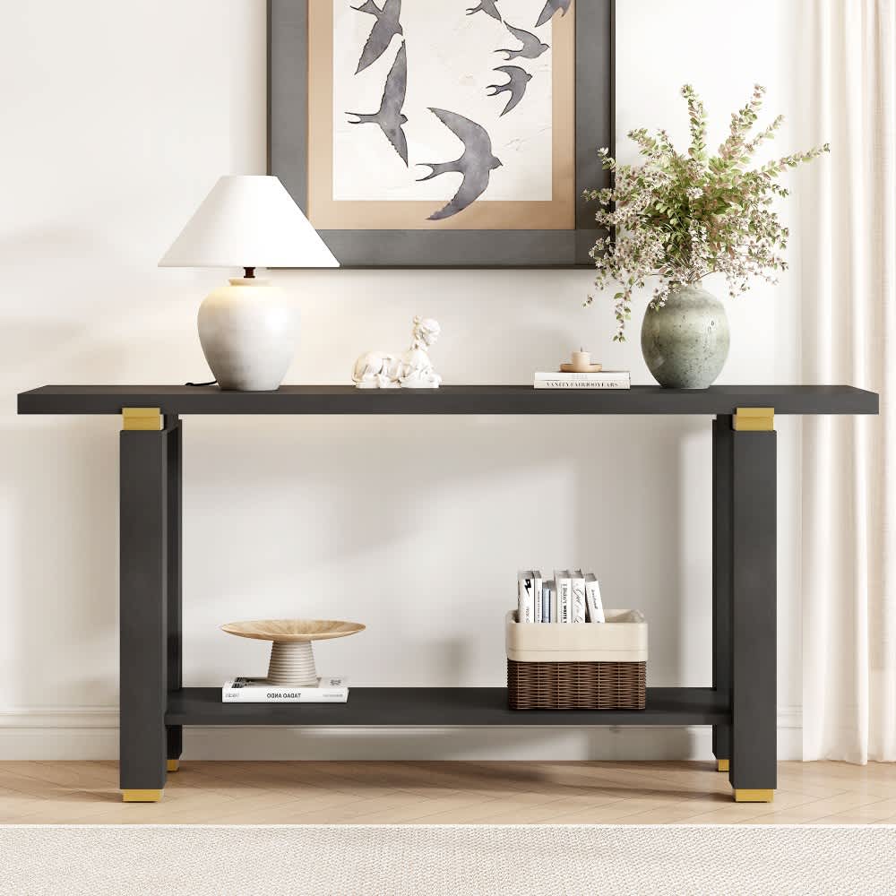 Coolbibila OTTO-CONSOLE-BLACK Black Wood Console Table with Storage Shelf Modern Entryway Table with Metal Accents for Living Room