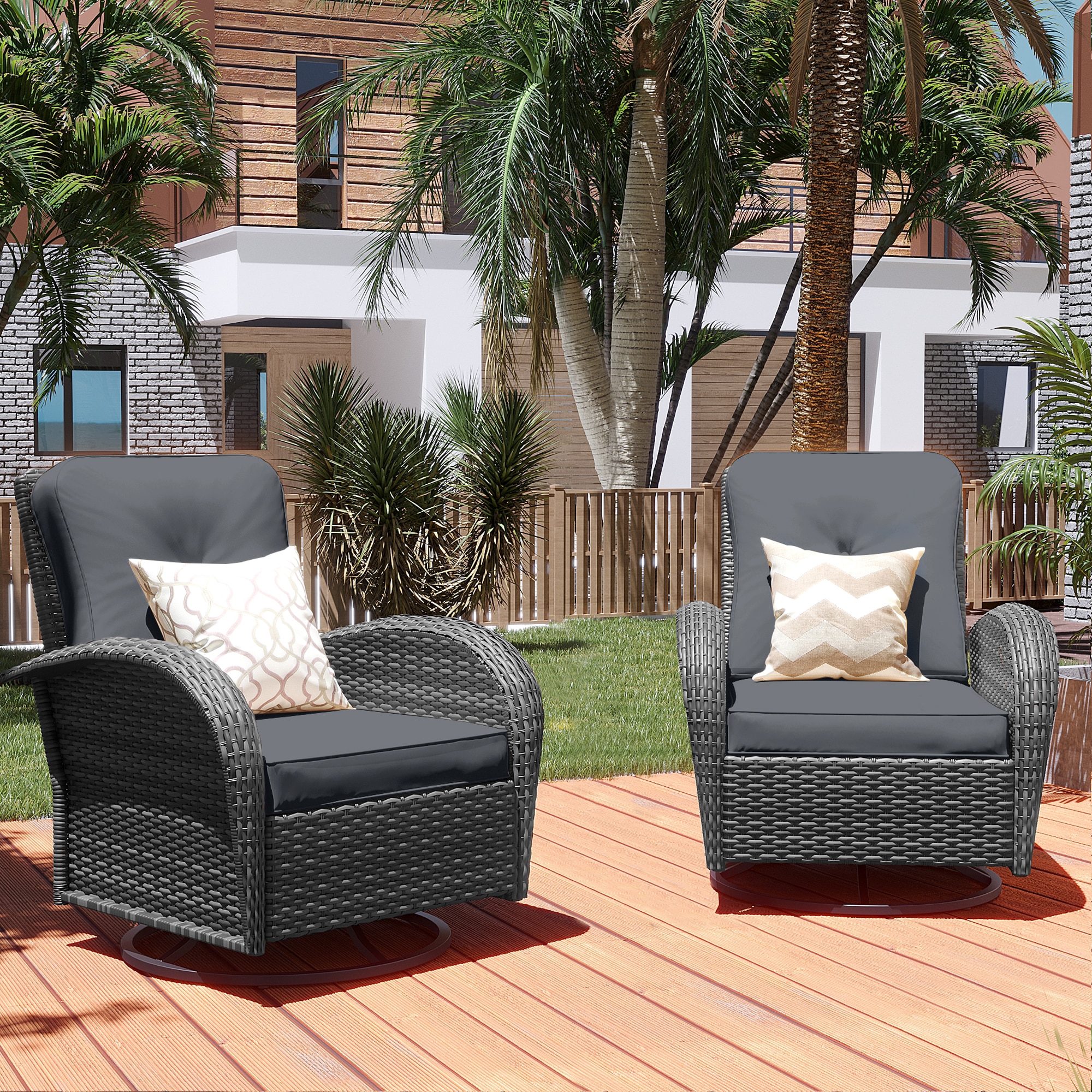 Patio Watcher FTY-2C-G4 Swivel Chair Set of 2 Rattan Gray Metal Frame Swivel rocker Rocking Chair with Dark gray Cushioned Seat