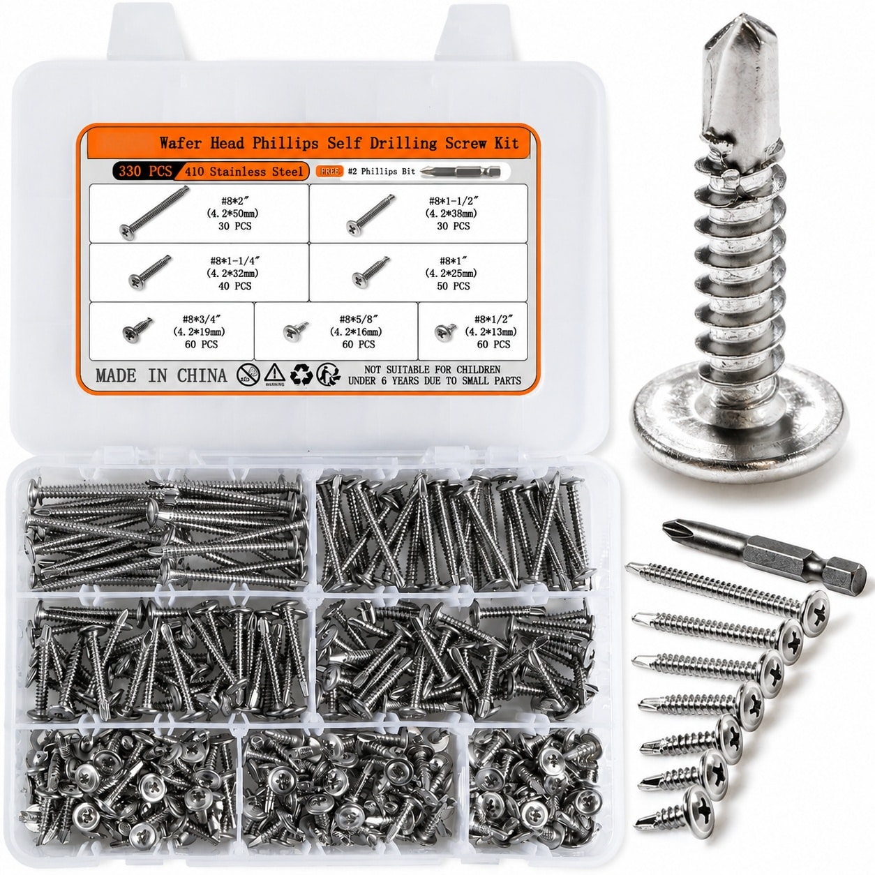 KHKFY  Self Tapping Screws Assortment Kit 410 Stainless Steel Truss Head Self Drilling Screws for Metal 7 Lengths from One Half in to Two in