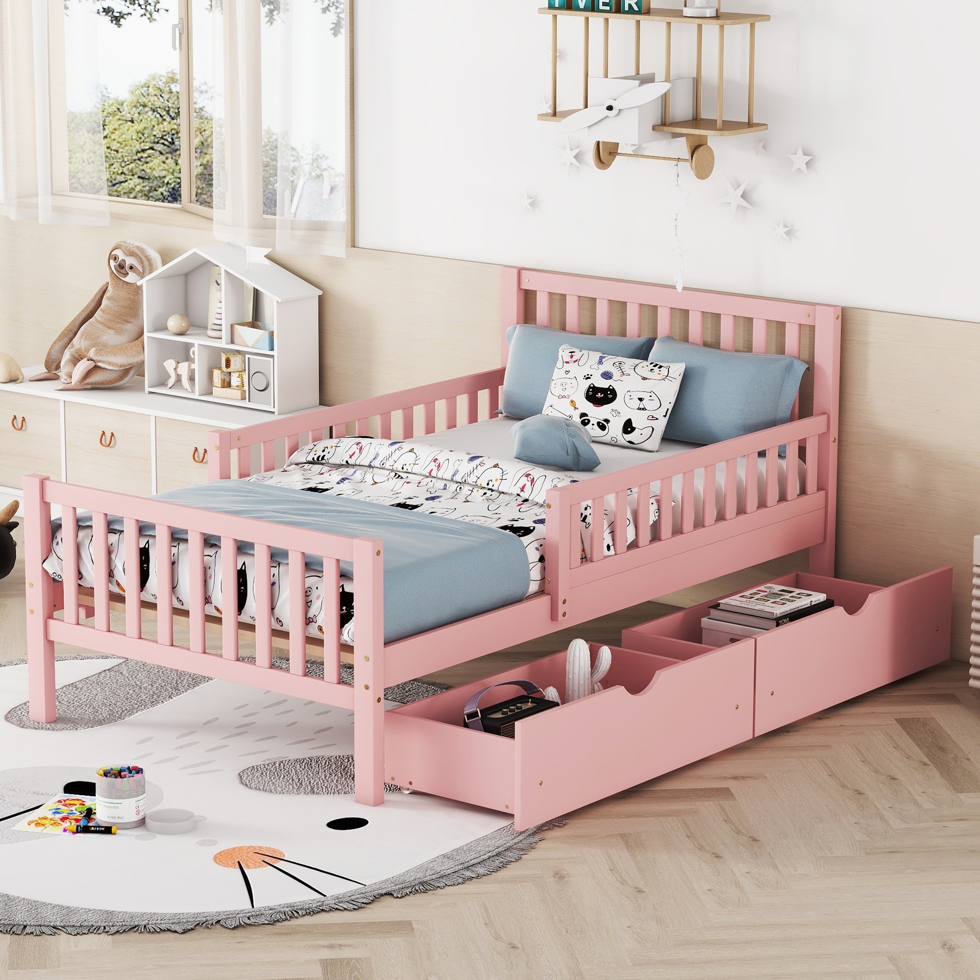 Horizons Prime - Twin Size Pink Wood Platform Bed with Guardrails on Both Sides and Two Storage D...