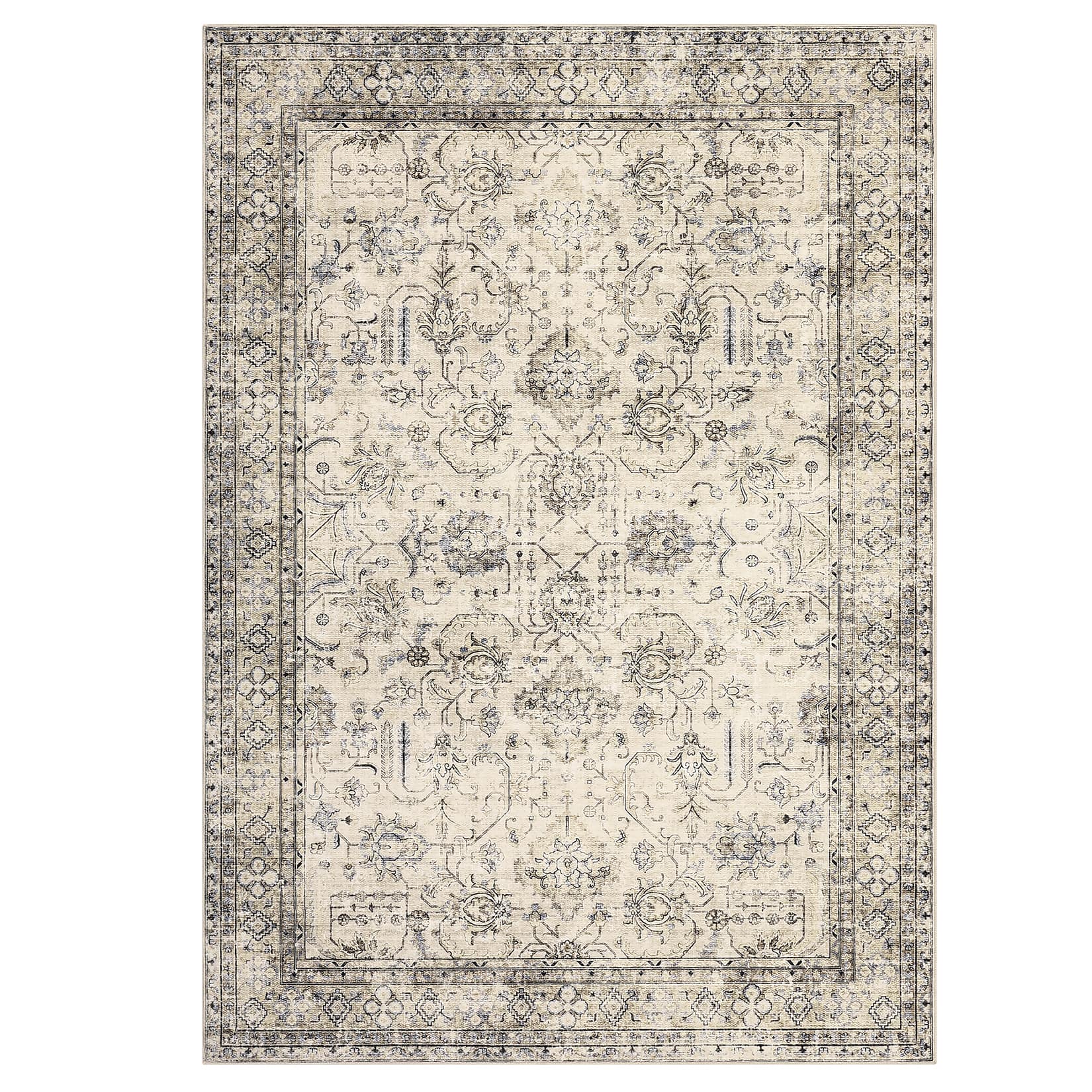 Qeetex LSN-PHK-345CE9AX 9 x 12 ft Polyester Cashmere Beige Brown Rectangular Hallway Bathroom Entryway Kitchen Office Foldable Flower Printed Persian Washable Area Rug