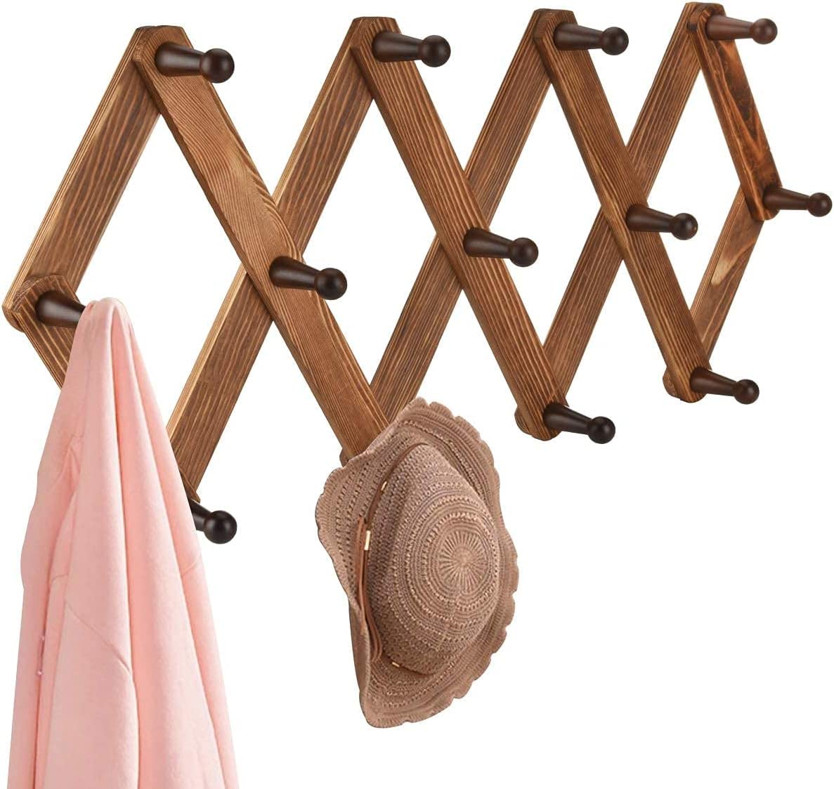UUDULY Vintage Wood Expandable Peg Rack with 13 Hooks Multi Purpose Accordion Wall Hanger for Hats Coat Mugs Scarf Jewelry Storage #LUU0818U477