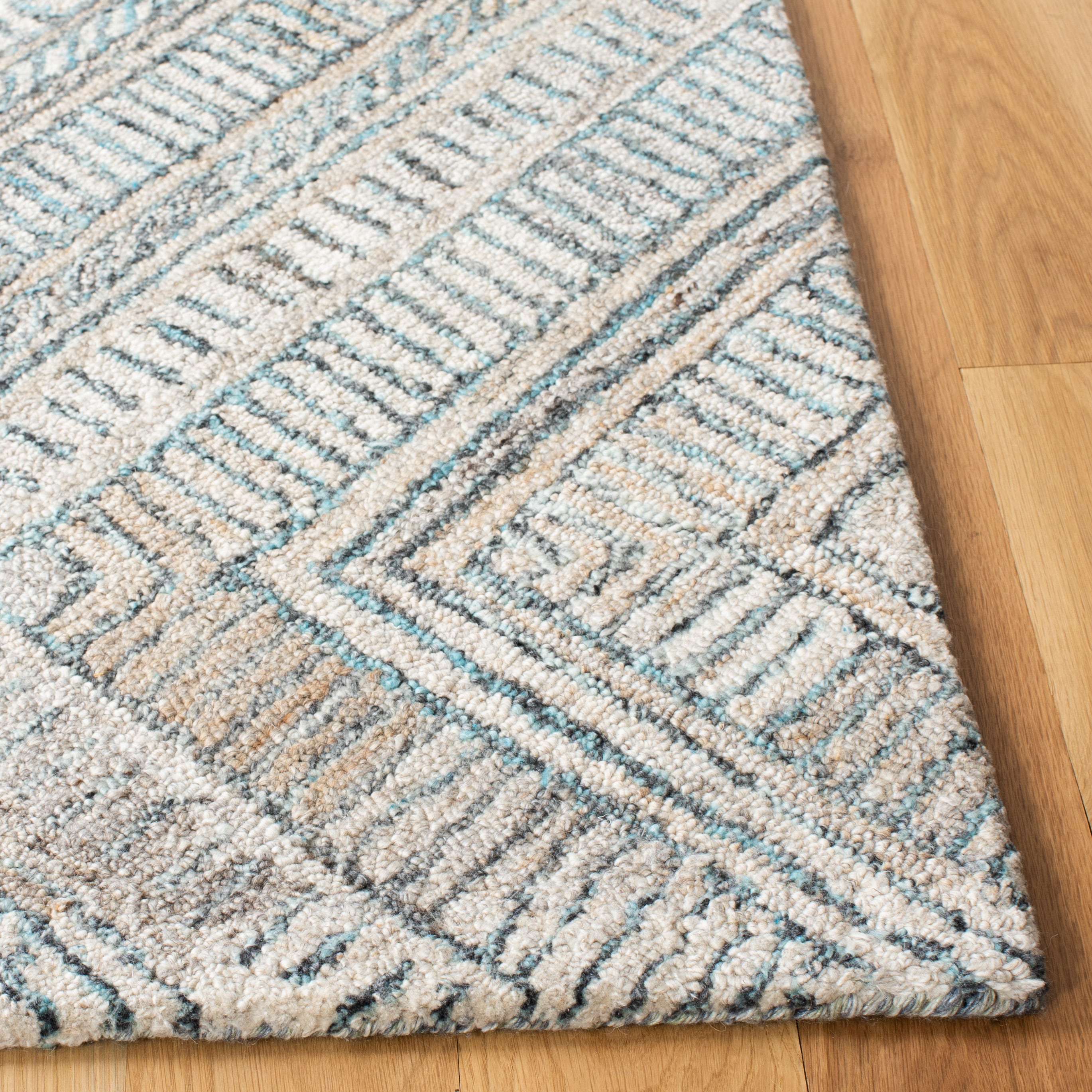 Turquoise and Beige Hand-Tufted Wool Geometric Square Rug