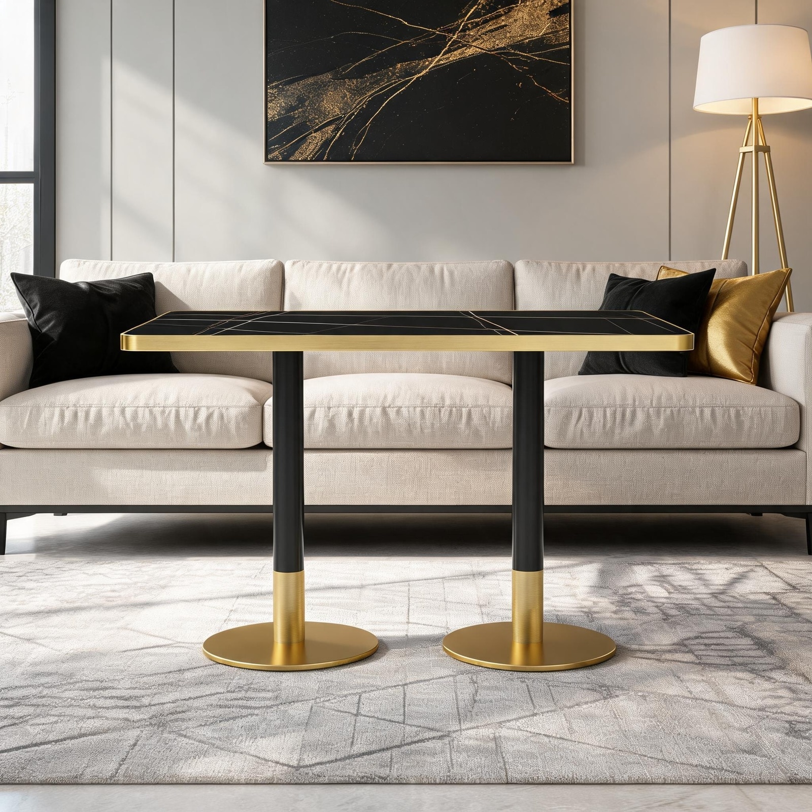 Horizons Prime 47 inch Black Sintered Stone Dining Table with Faux Marble Print and Stainless Steel Base with Scratch Resistant Surface