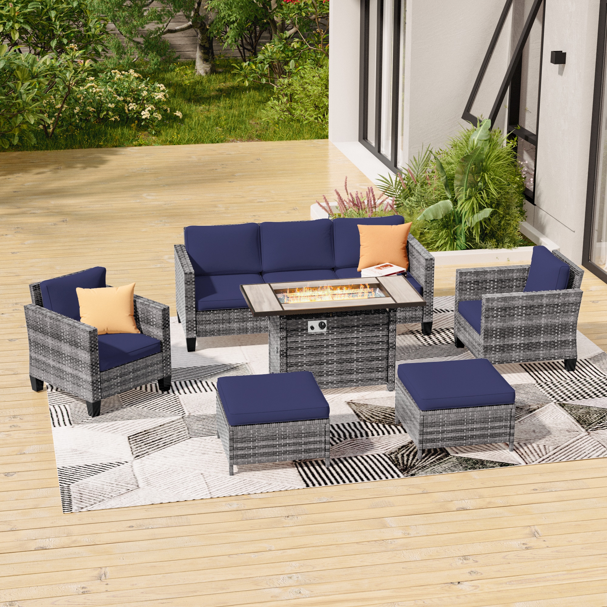 ACEGOSES LW-115HNY-T5 Skytop 6 -Piece Wicker Patio Sofa Conversation Set with Blue Cushions