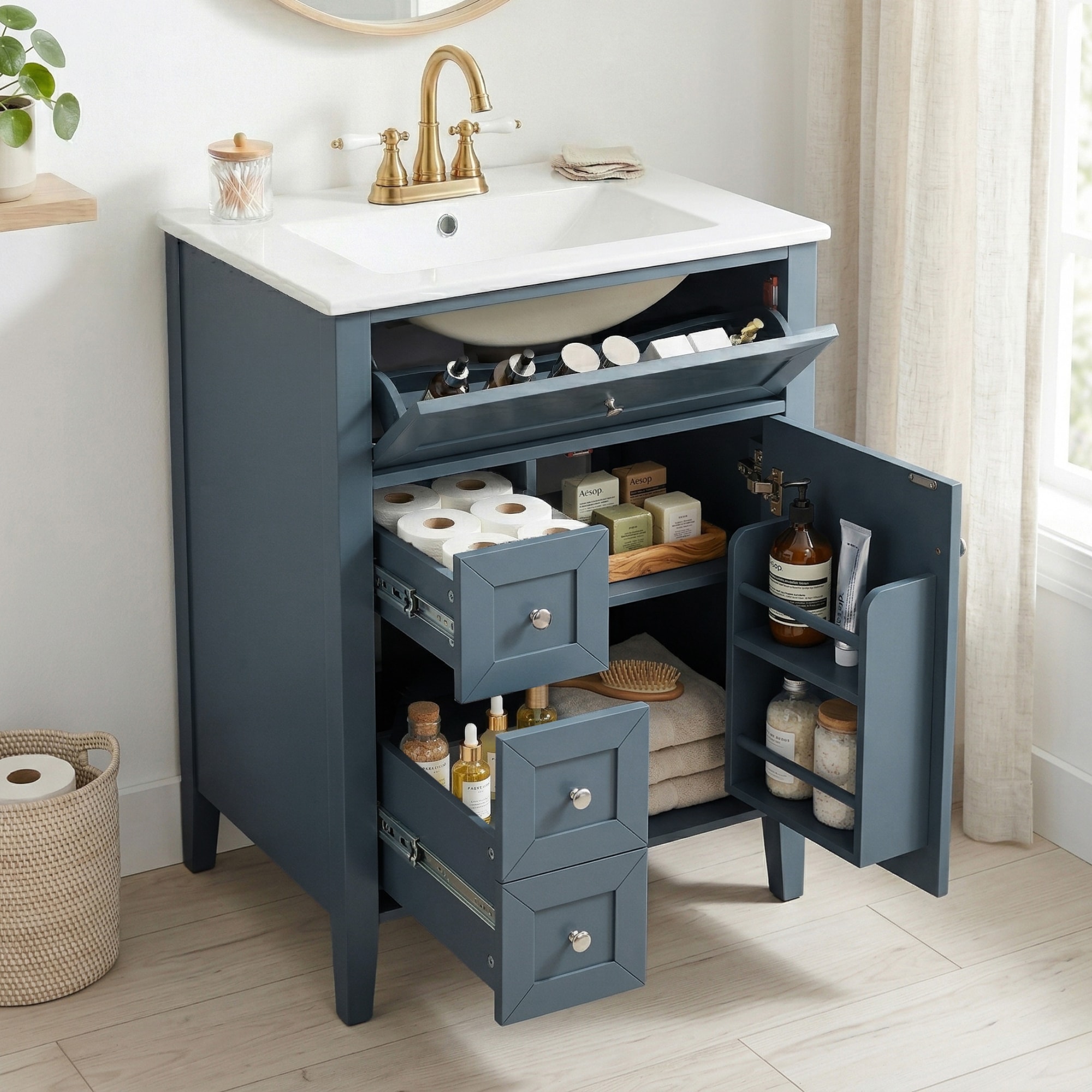 LOVMOR  Freestanding Blue Gray 24-in Single Sink Bathroom Vanity with White Ceramic Sink Top Needs Assembly Soft Close