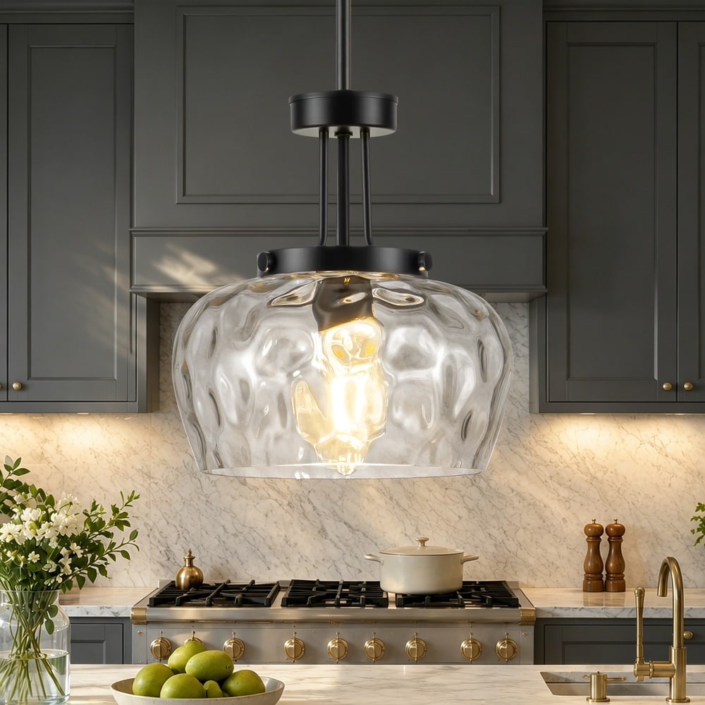 Henveton Jasslynn 1-Light 9.45 in. Modern Black Pendant Light with Hammered Glass Hanging Light Fixture for Kitchen Island Dining Room