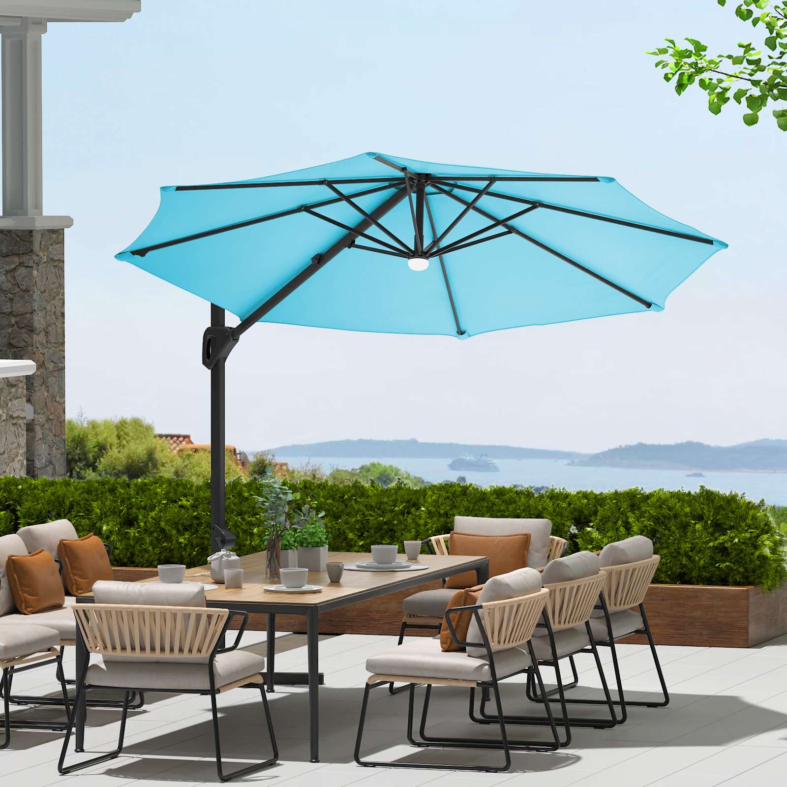 Qeetex SQY-PPG-335NYPGA Solar LED Patio Umbrella 10 Ft Cantilever Umbrella 360 Degree Rotatable UV Protection Outdoor Roman Umbrella For Pool Patio Garden Turquoise Blue