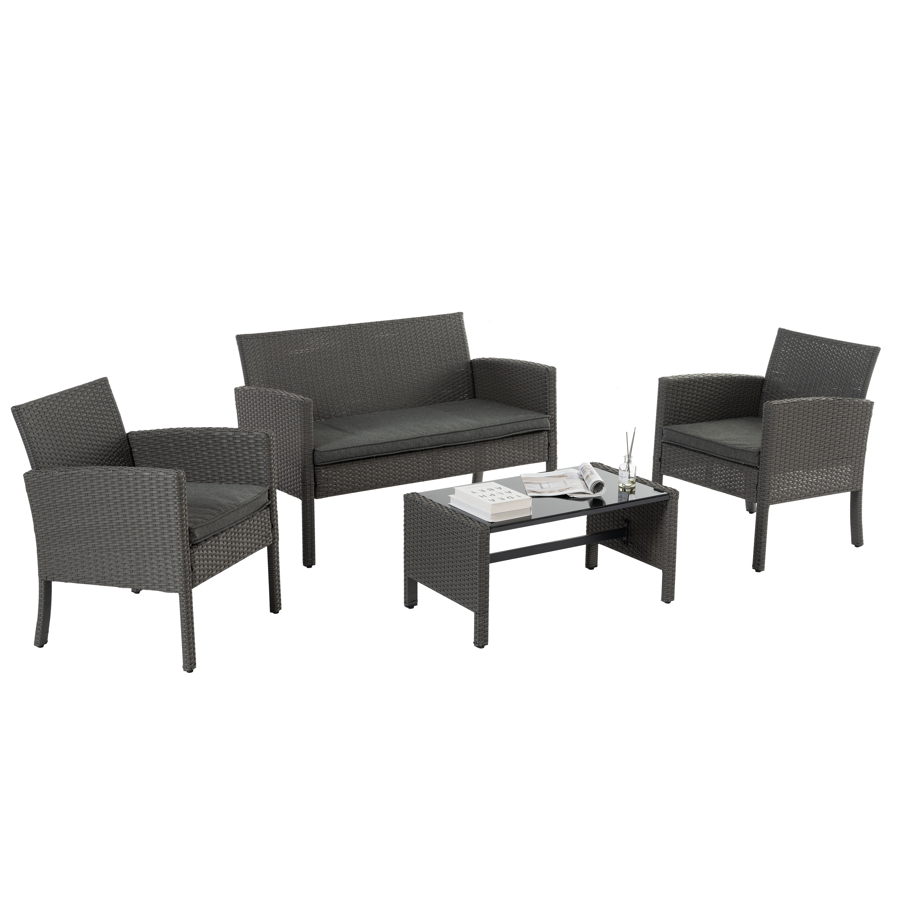 Maocao Hoom MZH07705 4 -Piece Wicker Patio Conversation Set with Gray Cushions