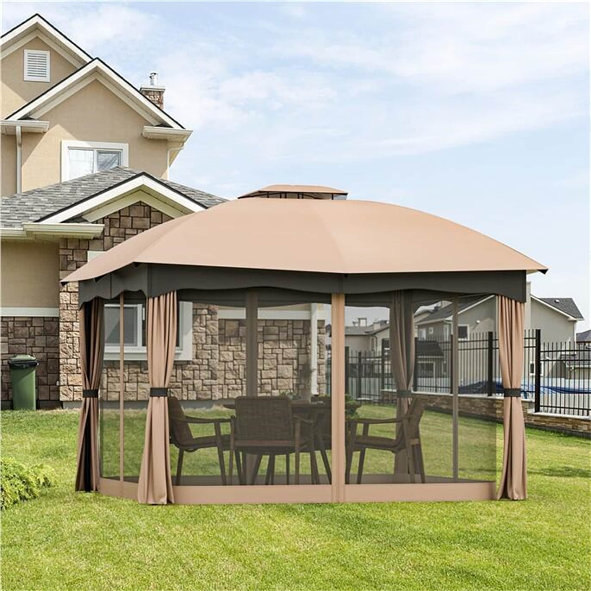 BABOOM BOM-0384GR-CO 12-ft x 10-ft Heavy Duty Steel Gazebo Brown Gazebo with Soft Top Roof (Screen Included)
