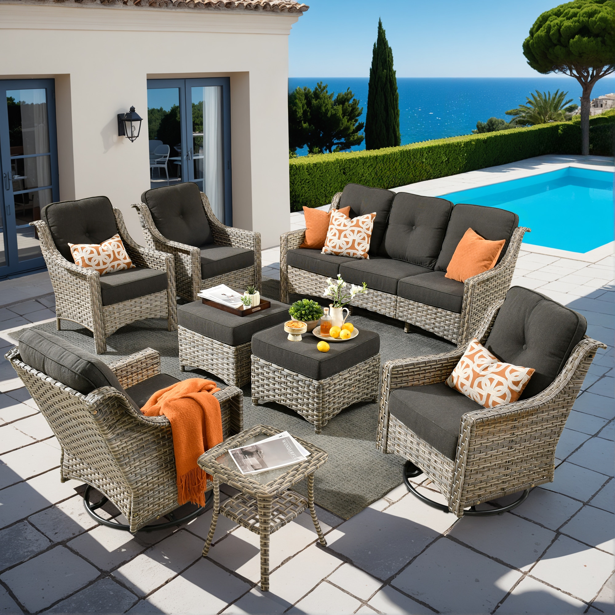 XIZZI XIPAD1085-RC3 Pyrophyllite 8 -Piece Rattan Patio Sofa Conversation Set with Black Cushions