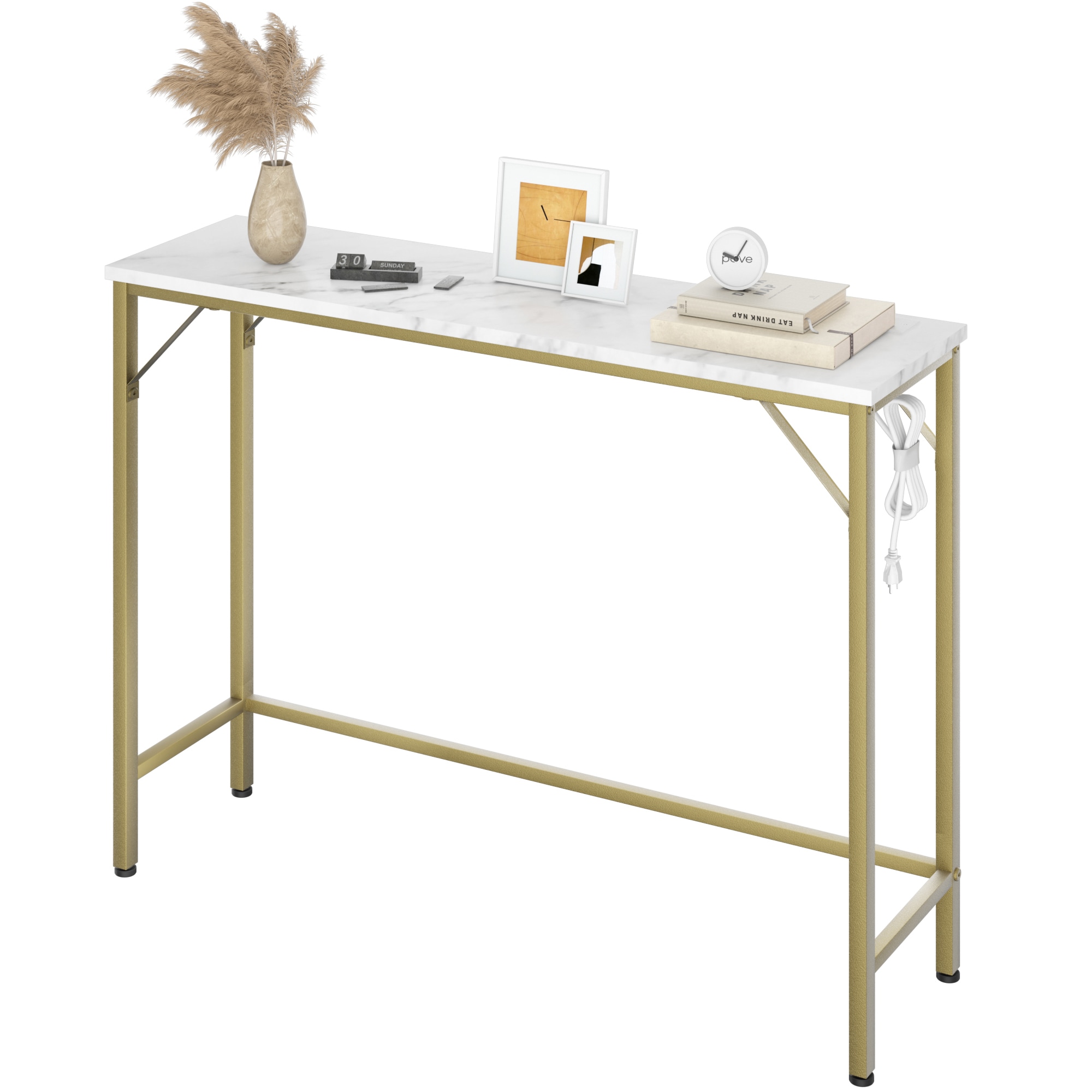 IdealHouse Narrow Console Table - Gold Sofa Table with Outlets - Behind Couch Table for Living Room - Hallway Table for Entryway - Space Saving Design - Gold and White