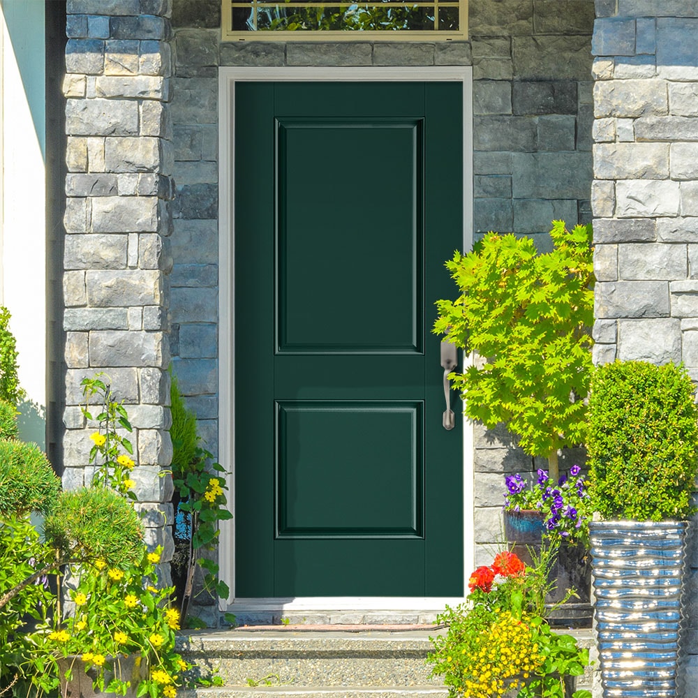 Masonite 1218159 36-in x 80-in x 4-9/16-in Fiberglass No glass Left-hand inswing Evergreen Painted Prehung Front Door with Brickmould Insulating core