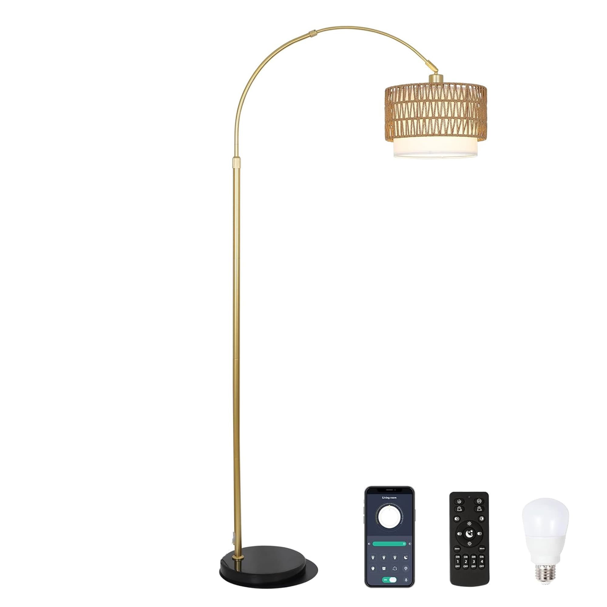 Bybafun YB4900005 72.8-Inches Gold Arc Floor Lamp with Rattan Shade